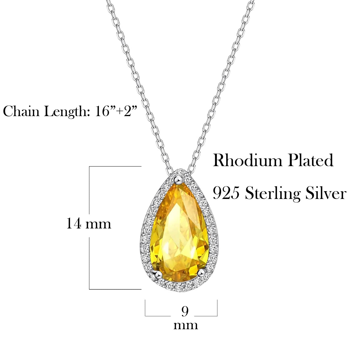 925 Sterling Silver Teardrop Citrine Pendant Necklace for Women - Cubic Zirconia Accent, Elegant Dainty Jewelry Gift for Birthday, Anniversary & Everyday Wear