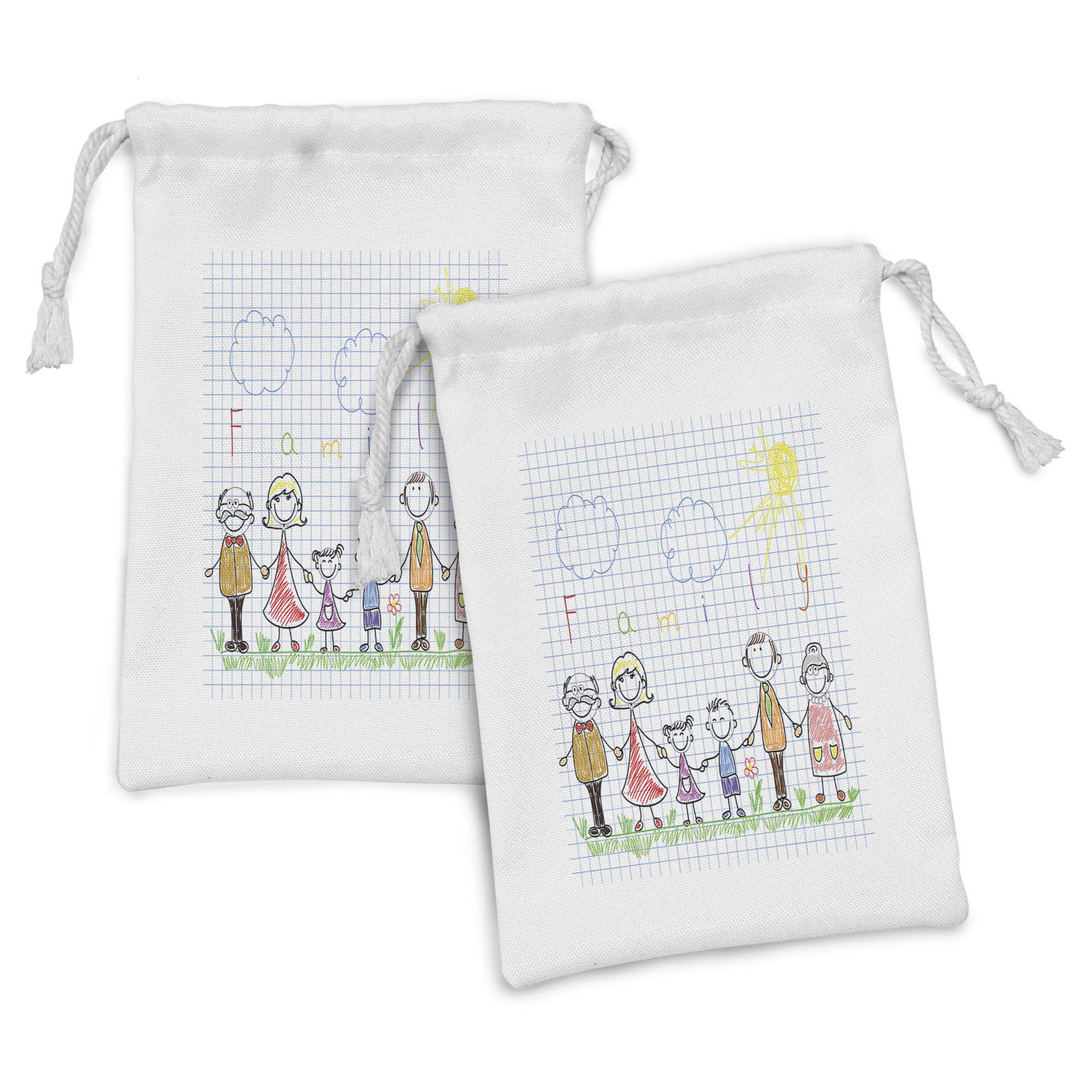 Ambesonne Cartoon Fabric Pouch Set of 2 - Family Portrait Grandpa Dad Mom Cheerful Design - Small Drawstring Bags for Toiletries, Masks, Jewelry & Party Favors (9