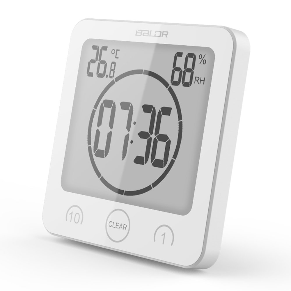 BALDR Digital Bathroom Clocks - 2 Pack Waterproof Shower Clock with Timer, Large LCD Display, Temperature & Humidity Sensor - Wall Mount Bathroom Clock for Shower, Gym, Spa (Black & White) - Perfect for Home, Office, and Travel Use