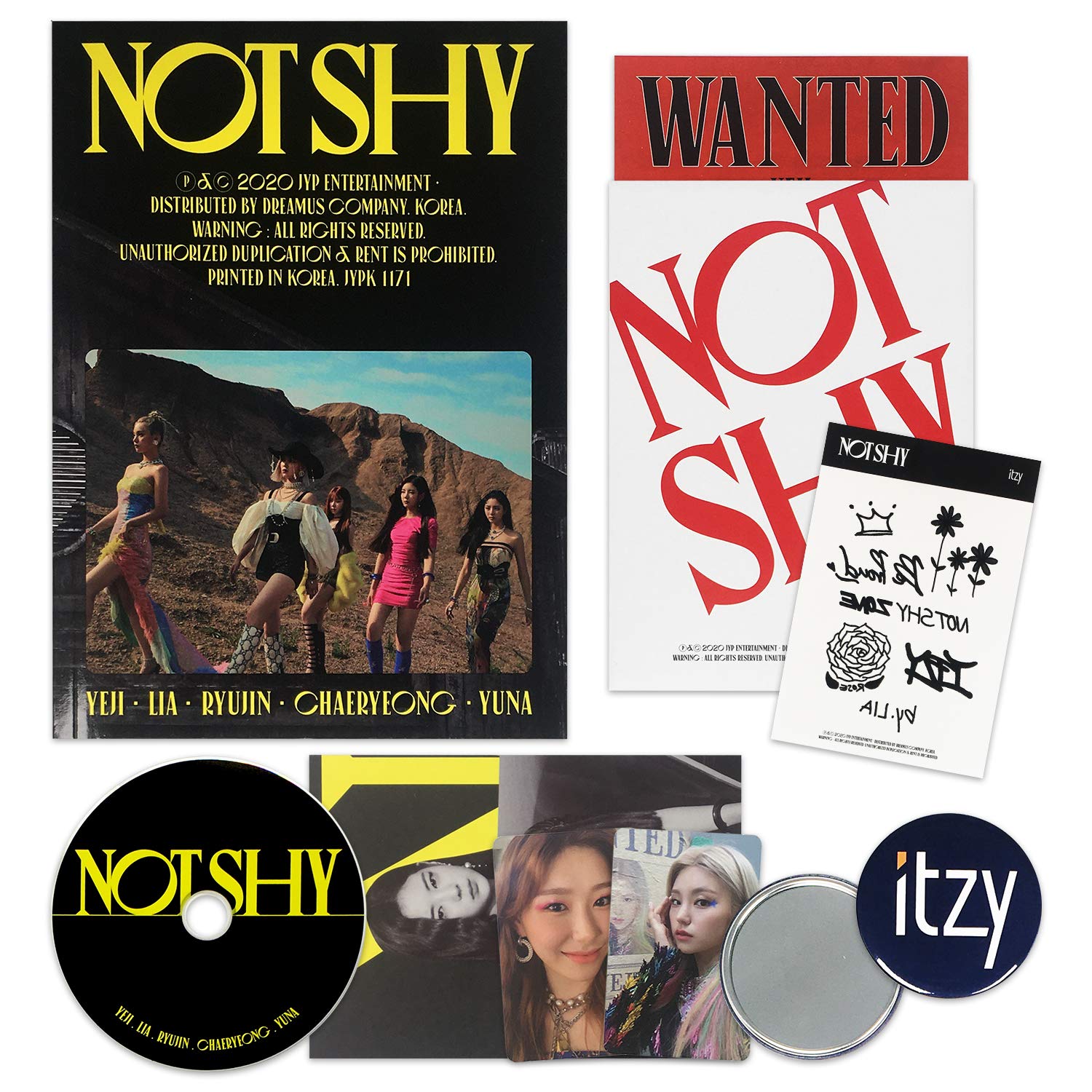ITZY NOT SHY Album [Version A] - CD, Photobook, Photocards, Lyric Book, Tattoo Stickers & Poster Set | K-Pop Music Collectible | Perfect for Fans, Gift Giving & Display