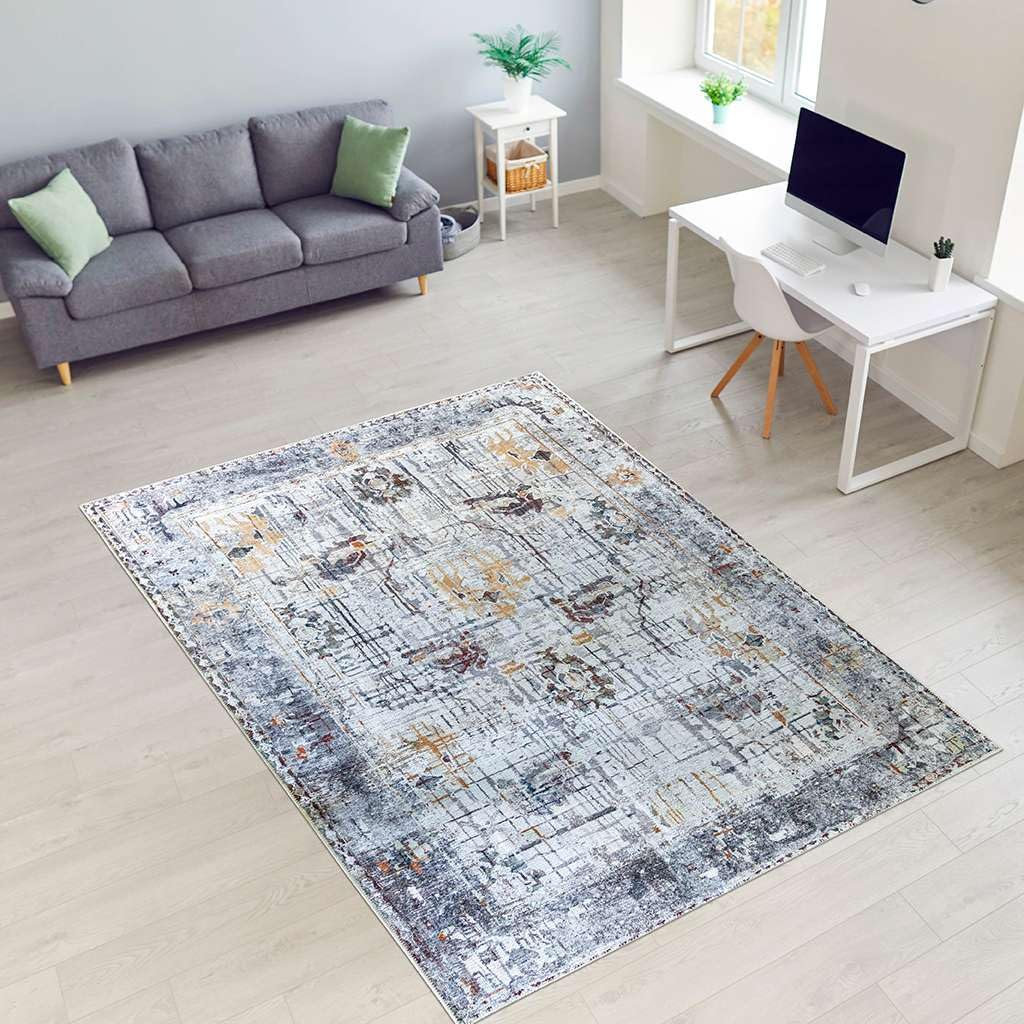 Softwoven Vintage Floral Area Rug 5x8 Feet - Machine Washable 90% Cotton Non-Slip Rug, Pet & Family Friendly, Stain Resistant & Non-Shedding - Perfect for Living Room, Bedroom or Hallway Decor - Grey Multi Flower Pattern