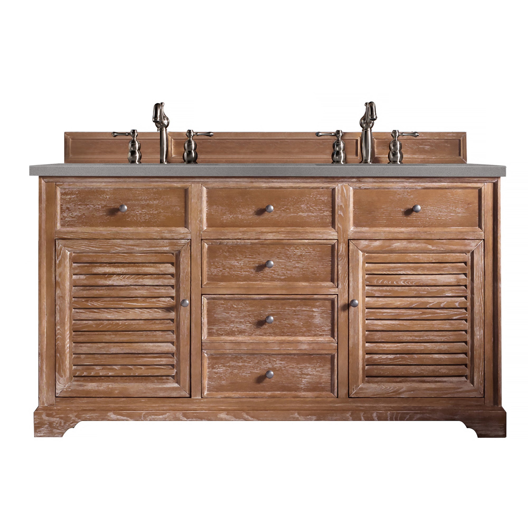 Savannah 60-Inch Double Vanity Cabinet in Driftwood Finish with 3CM Gray Expo Quartz Countertop - Perfect for Master Bathroom Renovation and Modern Home Decor