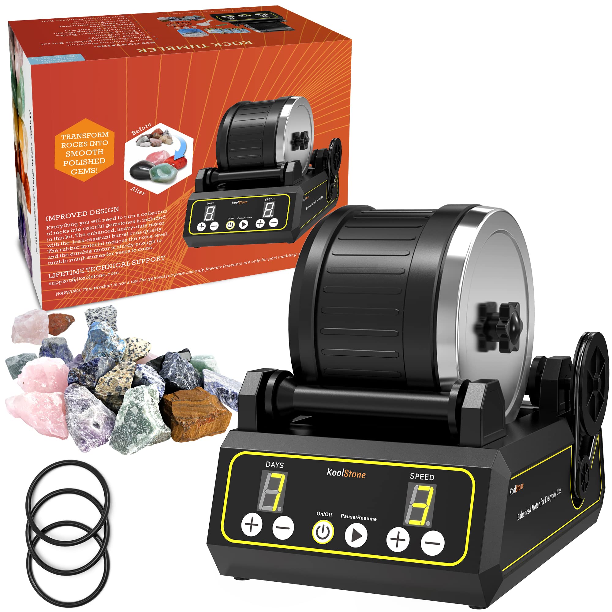 KoolStone Professional Rock Tumbler Kit with 1LB Rough Gemstones & 3 Replacement Belts - Perfect for Kids Geology Hobby, Jewelry Making & Science Education Projects