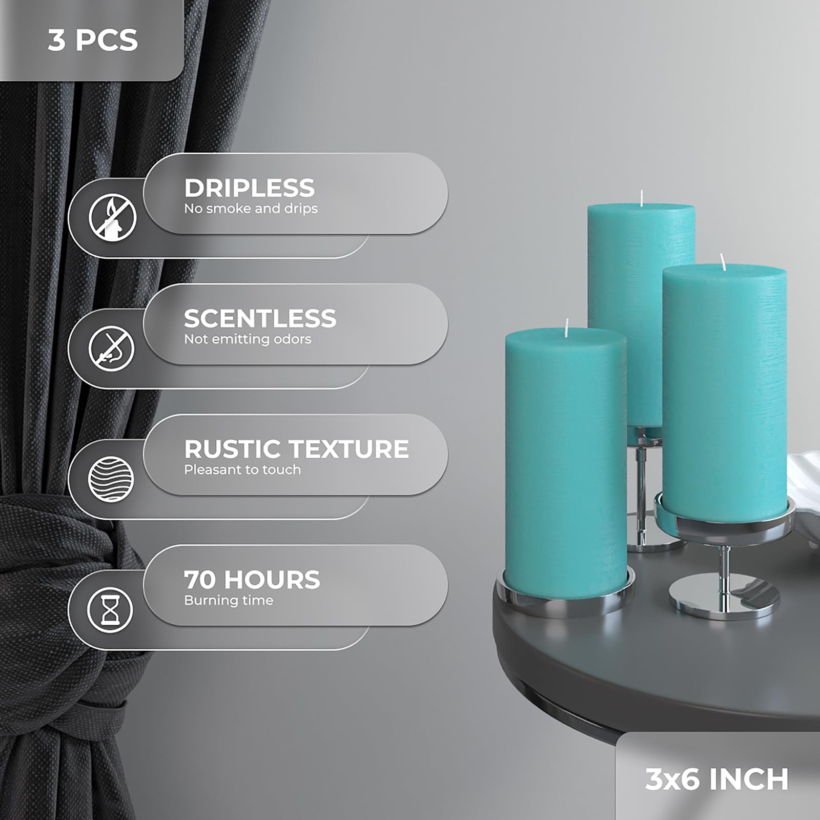 CANDWAX 3x6 Inch Pillar Candles Set of 3 - Unscented No Drip Decorative Rustic Candles for Weddings & Home Decor - Turquoise Blue Large Candles for Centerpieces, Fireplace Mantel, and Tabletop Displays