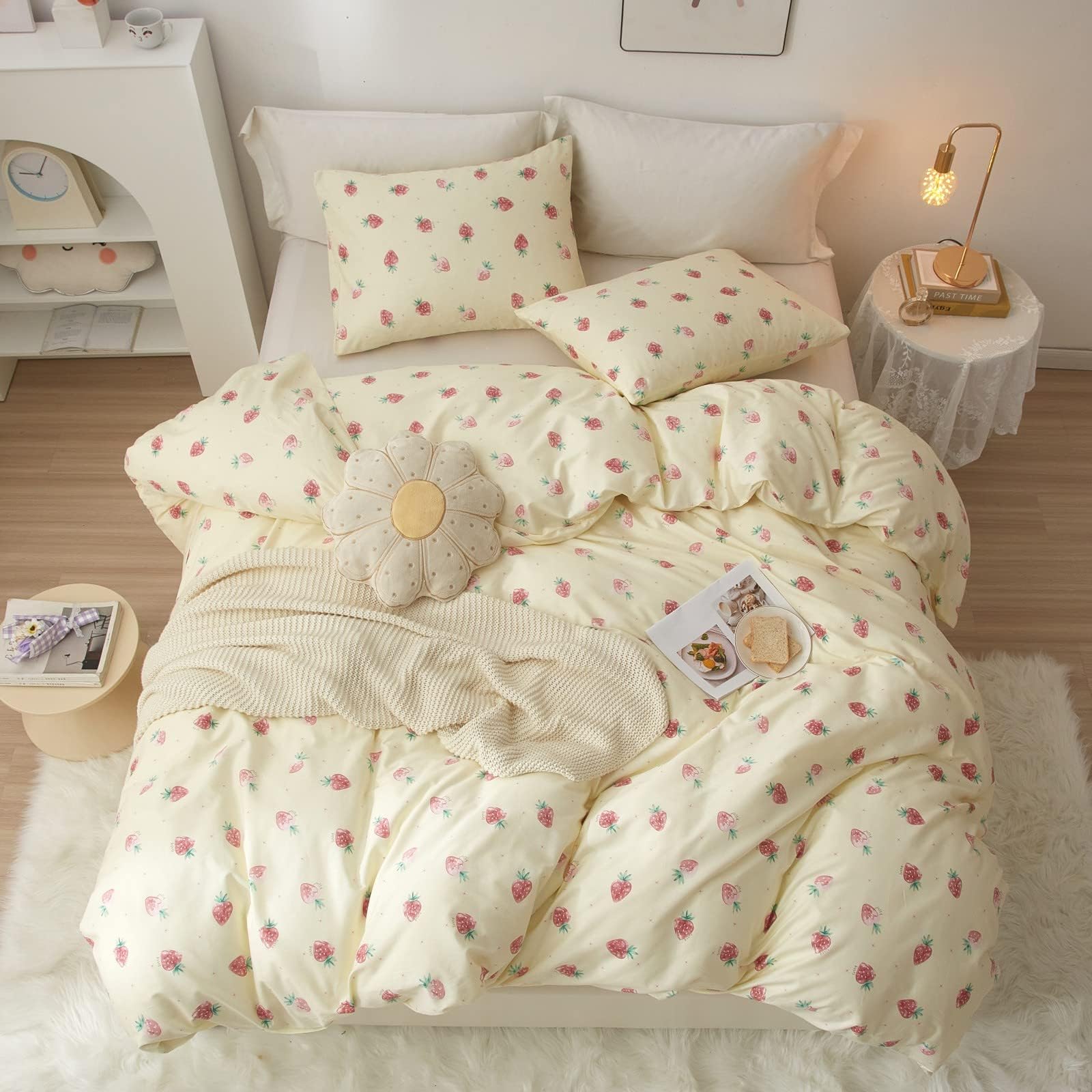 Soft AOJIM 100% Pure Cotton Kids Duvet Cover Set with Cute Strawberry Print - Twin Size Reversible Comforter Cover + 2 Pillowcases (3pc) for Girls' Bedroom Decor | Machine Washable & Hypoallergenic | Perfect for Nursery, Sleepovers & Cozy Bedtime
