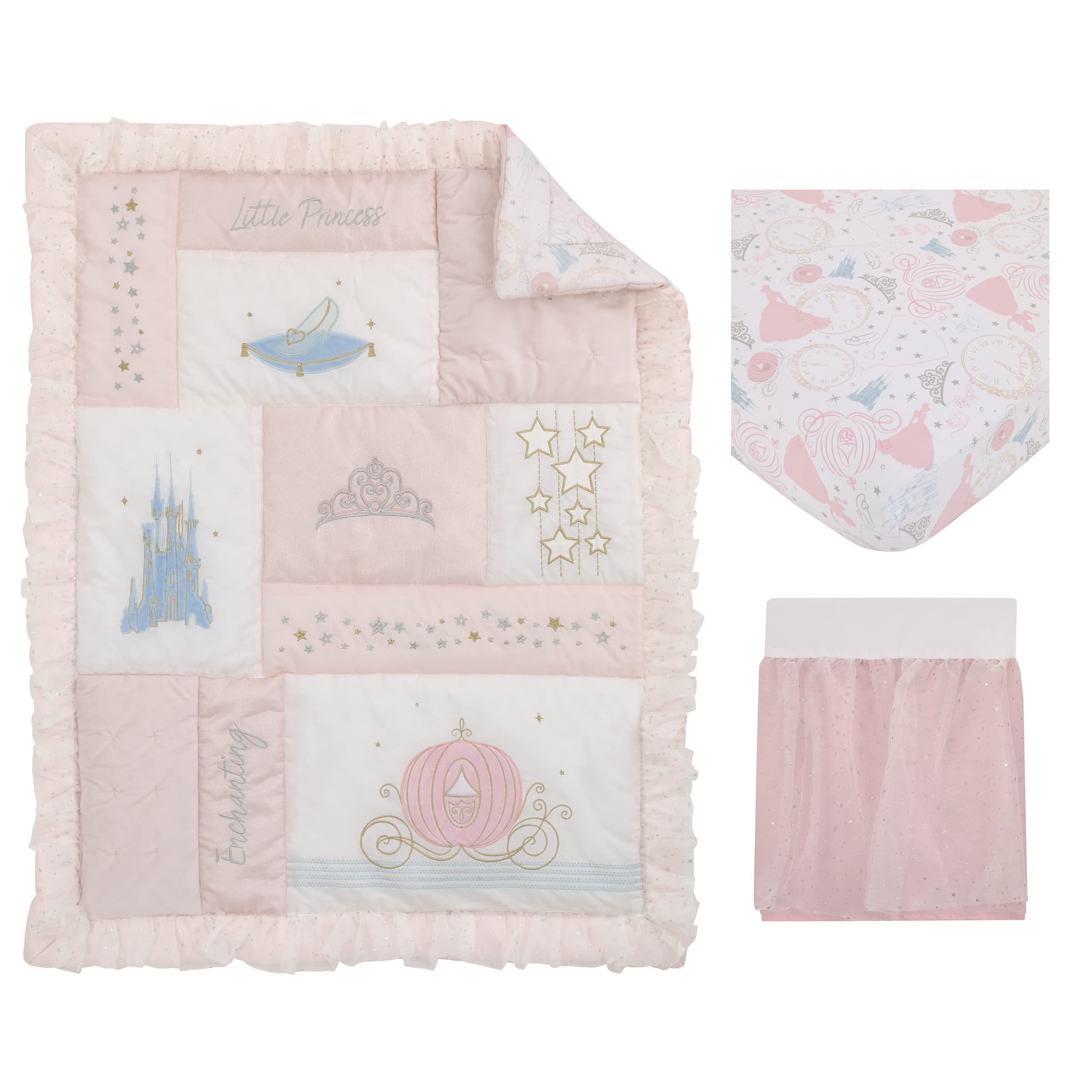 Disney Princess Enchanting Dreams Pink & White 3-Piece Crib Bedding Set - 100% Cotton Baby Nursery Comforter, Fitted Sheet & Skirt | Soft & Safe for Newborns, Perfect for Girls' Nursery Decor & Baby Shower Gifts