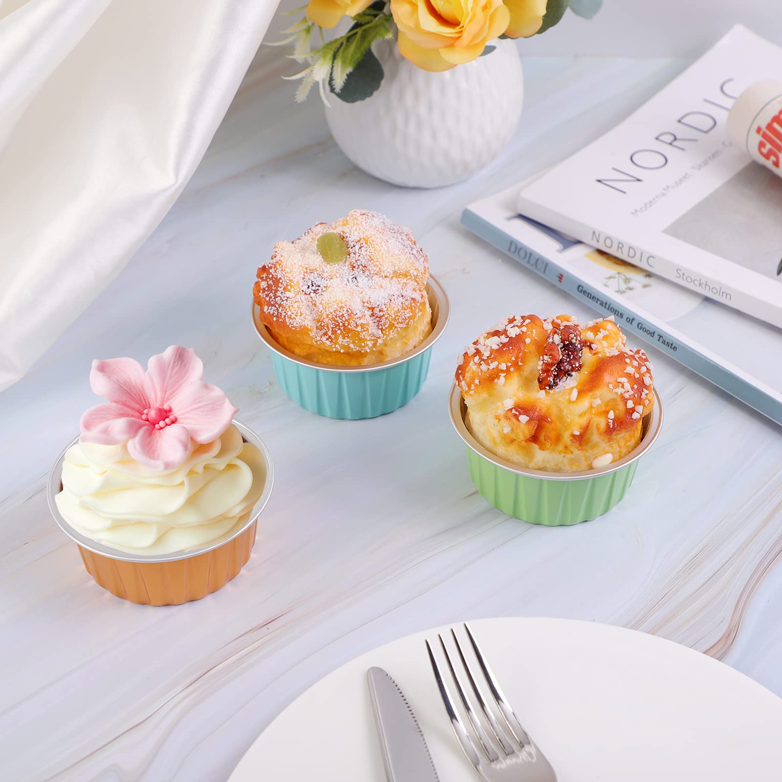 EUSOAR 50pcs 5oz Disposable Aluminum Foil Cupcake Liners & Muffin Baking Cups - 5 Color Mixed Set for Desserts, Cakes & Party Treats - Perfect for Home Baking, Birthday Parties & Holiday Cooking