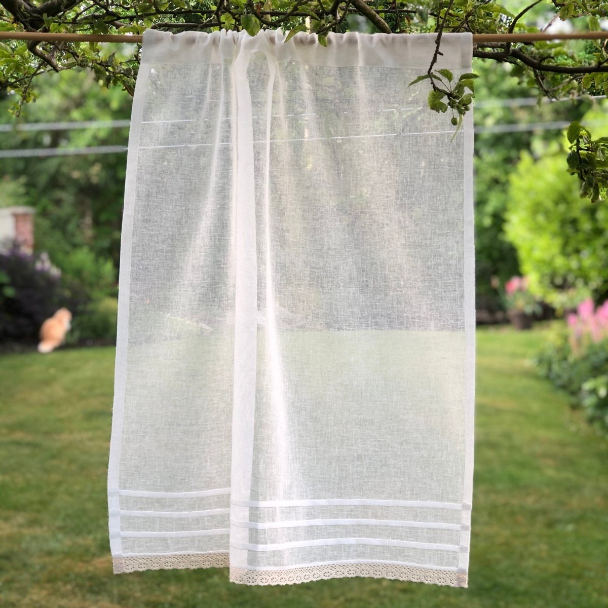 Sheer Ivory Linen Lace Net Curtains for Windows - Elegant Light Filtering Window Dressing for Living Room, Bedroom & Kitchen Decor