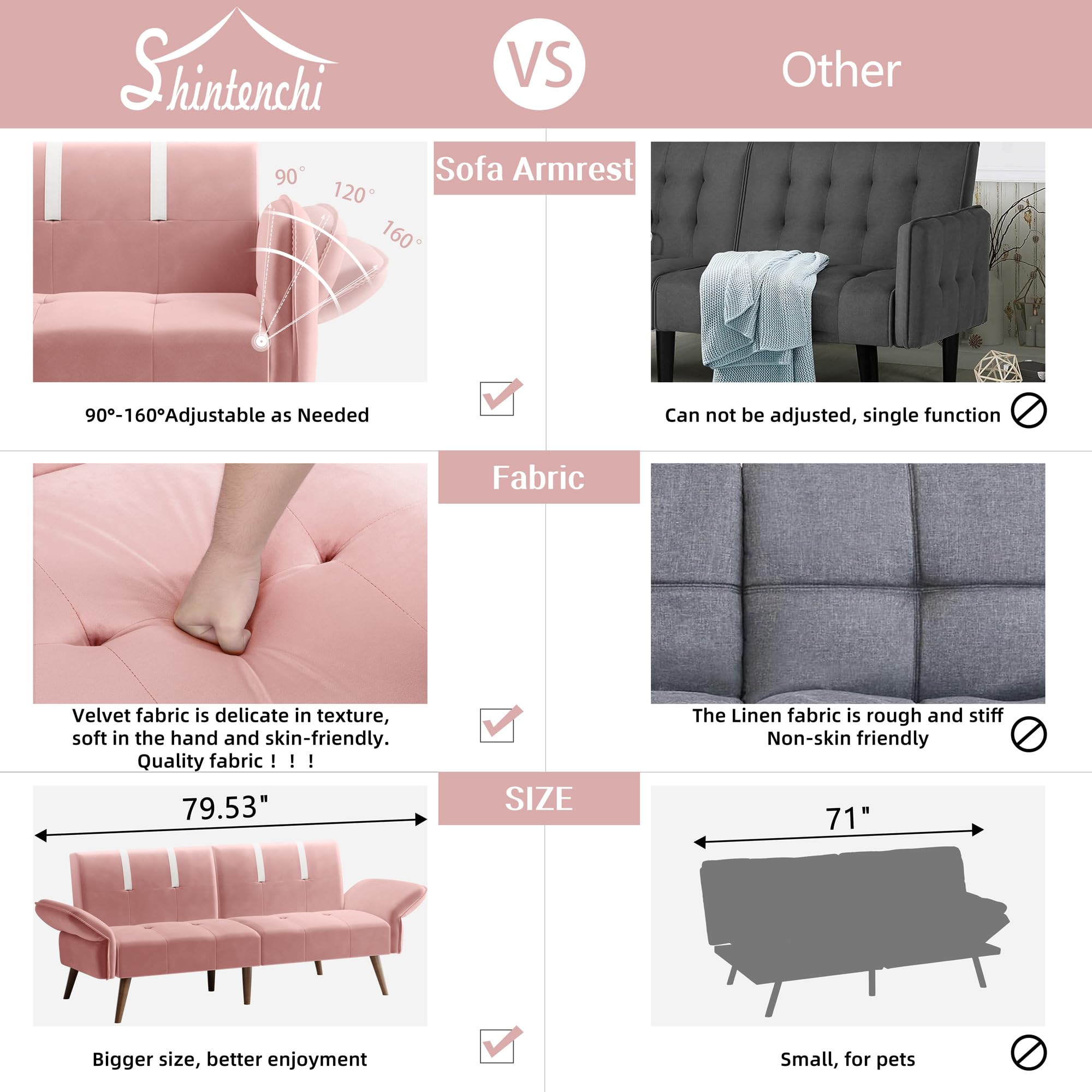 Shintenchi Modern Velvet Futon Sofa Bed - Convertible Folding Sleeper Couch for Small Spaces, Living Room, Apartment & Office - Adjustable Armrests & Backrest - Pink (Perfect for Guest Room, Studio & Dormitory)