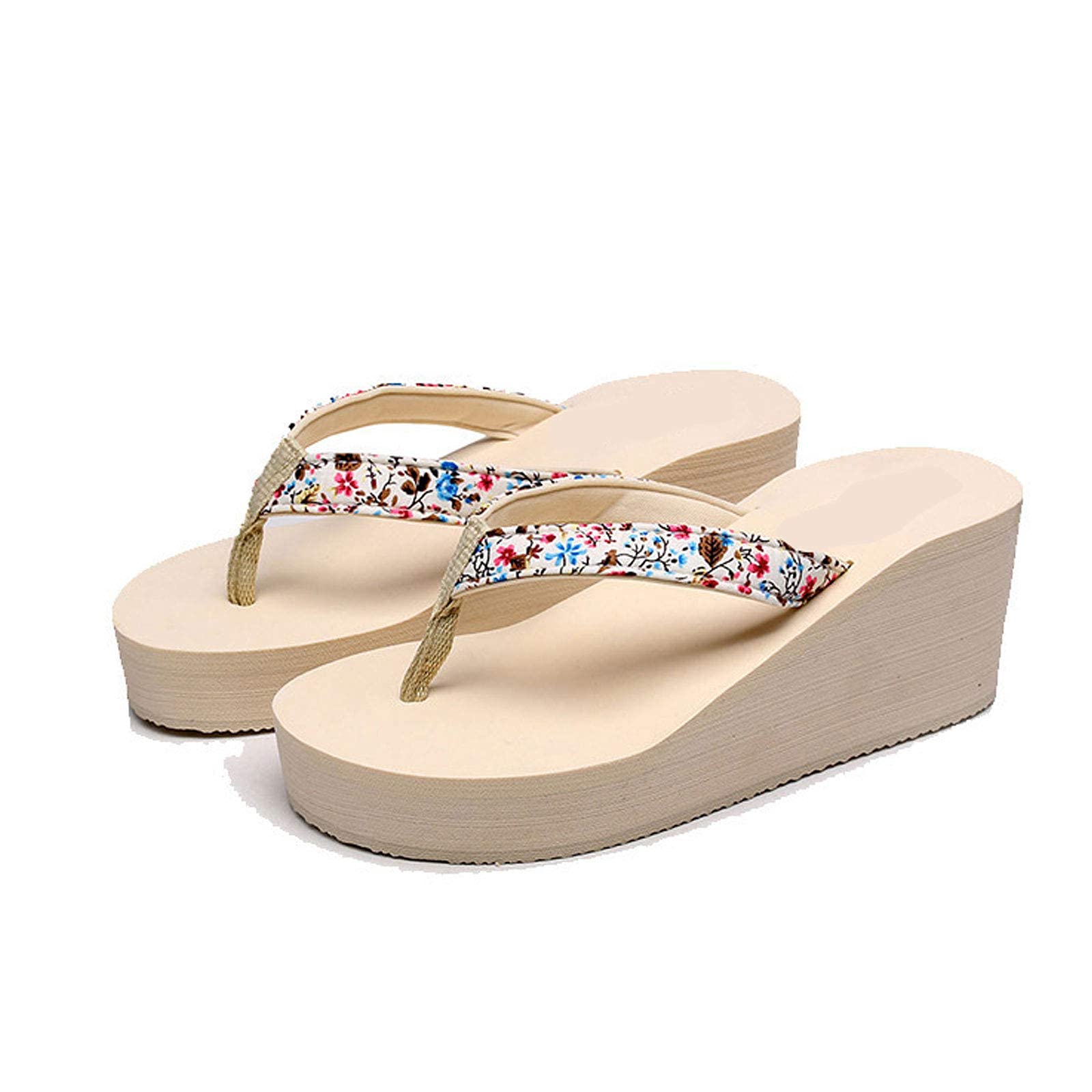 Women's Cotton Flip Flops with Arch Support - Comfortable Wedge Heel Open-Toe Sandals (35mm Platform, Sizes 34-42) - Perfect for Beach, Pool, Vacation & Casual Wear - Beige, Size 36