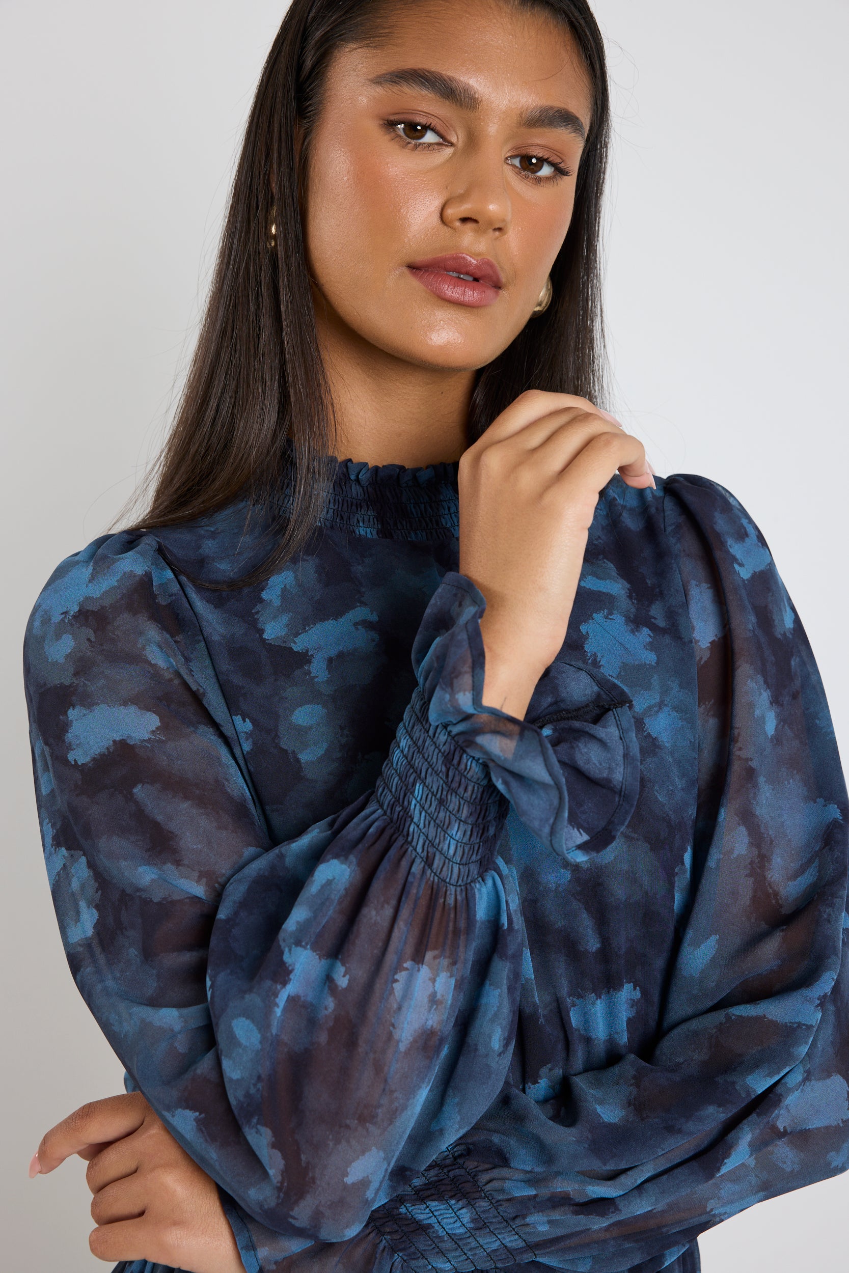 Ebony Blue Smudge Long Sleeve Shirred Neck Midi Dress - Perfect for Casual Outings, Date Nights & Special Occasions