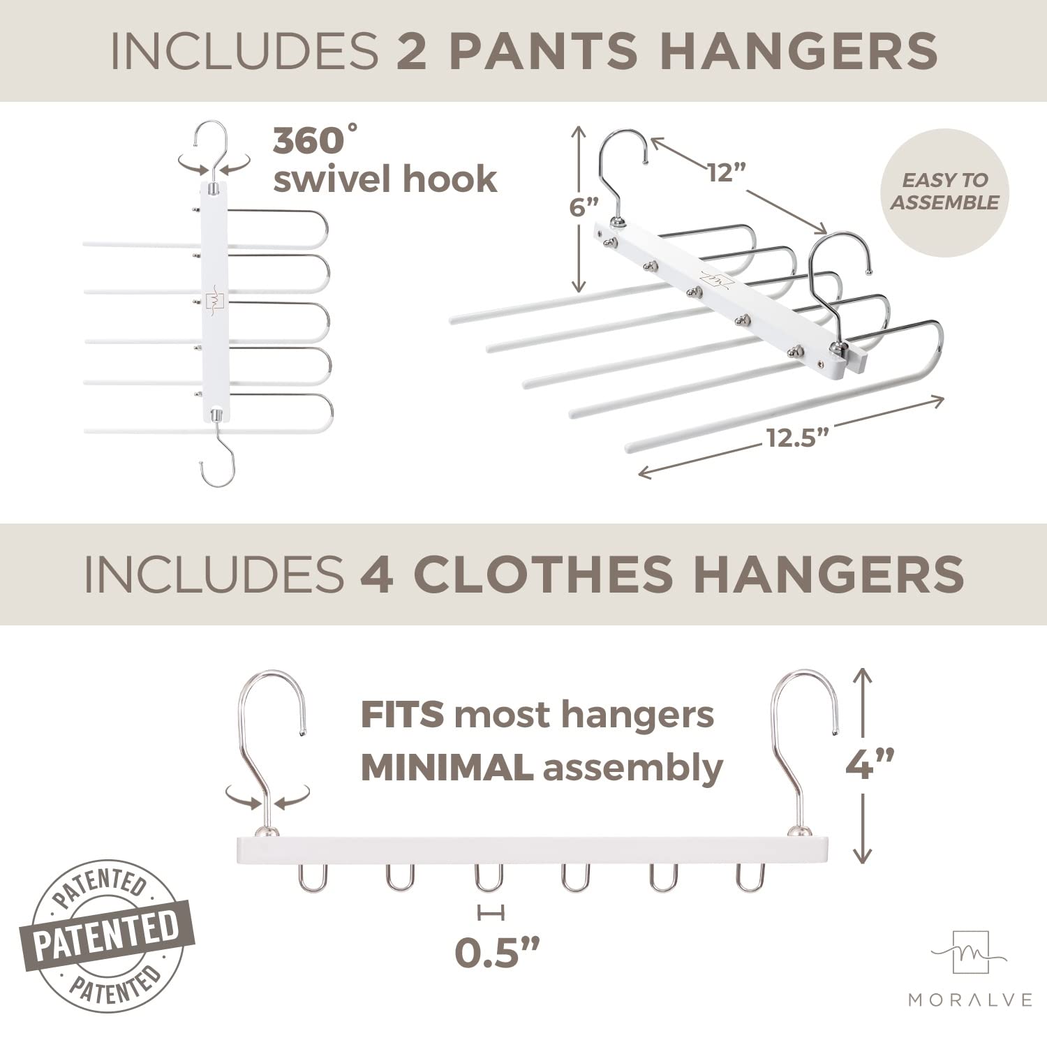 MORALVE Space Saving Closet Hangers Bundle (White) - 10 Pack for Organizing Clothes, Coats & Pants - Perfect for Small Closets, Dorm Rooms & Travel