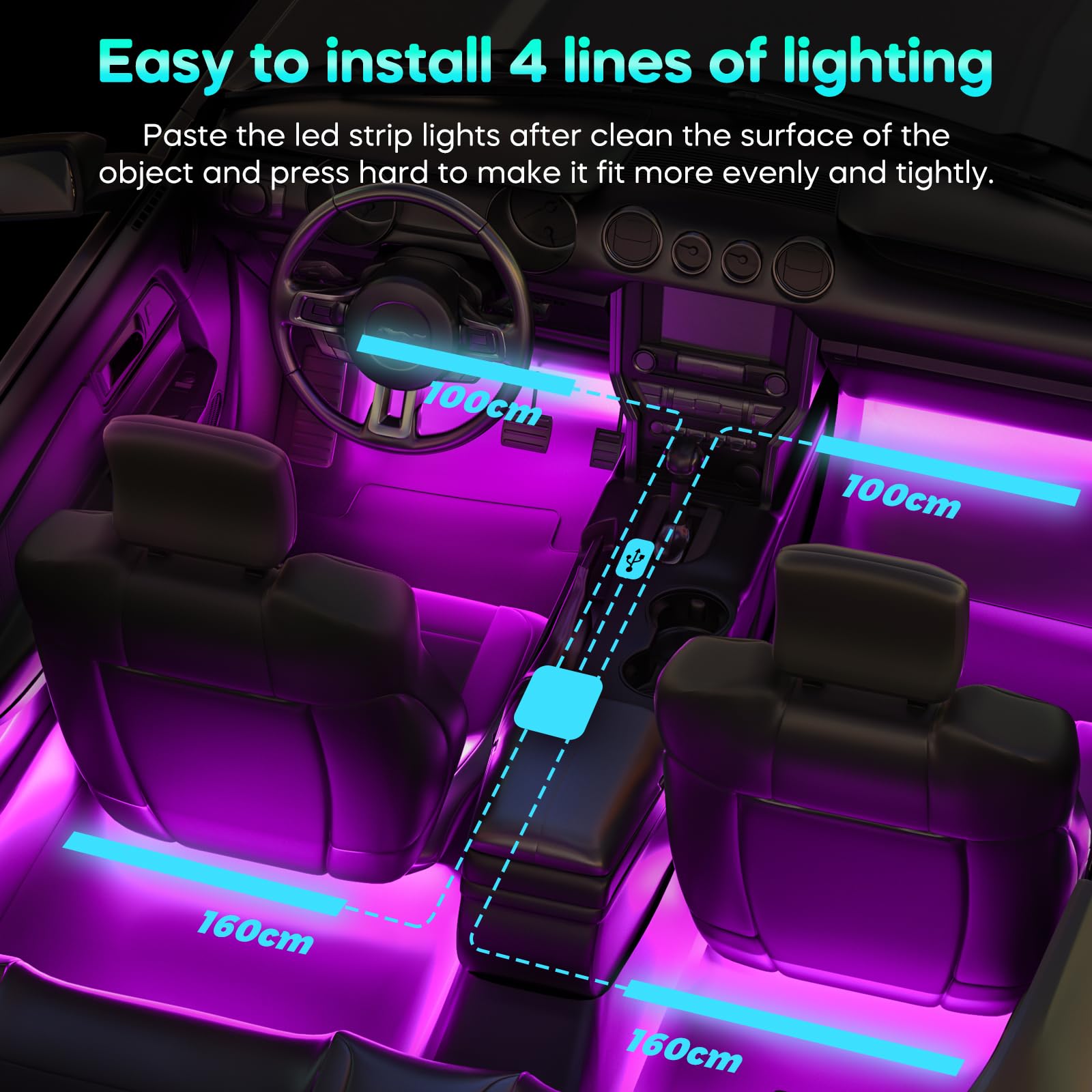 Winzwon Car LED Lights 2 Pack - APP Control Interior Car Lights with USB Port, Perfect Gifts for Men, Women & Mom | Enhance Your Car Ambience for Night Drives & Parties