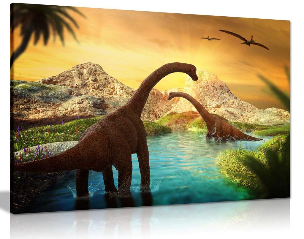 Dinosaur Landscape Canvas Wall Art Print - 36x24 Inches, Prehistoric Jurassic Scene, Home & Office Decor, Perfect for Living Room, Bedroom, or Dinosaur Theme Nursery