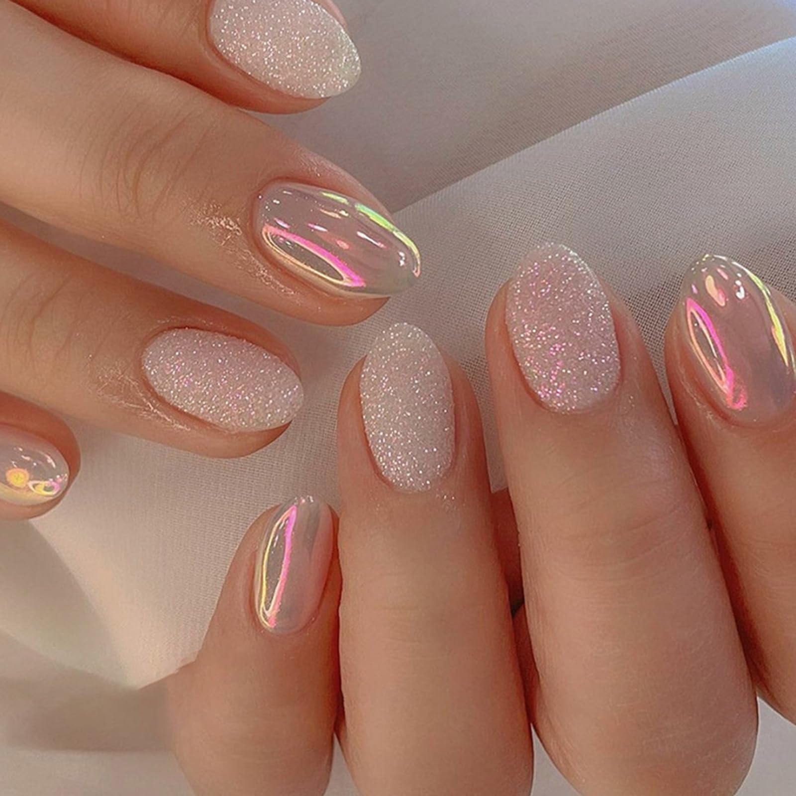 24Pcs Short Almond Press on Nails - French Tip Glossy Aurora Glitter Fake Nails with Glue Stickers, Reusable Acrylic Full Cover Oval Stick on Nails for Women & Girls | Perfect for Parties, Weddings, Date Nights & Everyday Wear