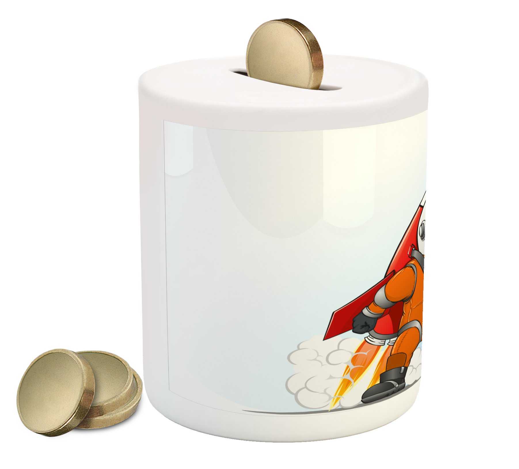 Ambesonne Ceramic Piggy Bank - Astronaut & Rocket Space Journey Fantasy Design, Money Saving Coin Bank for Cash (Orange, Grey, Red) | Perfect Gift for Kids, Space Enthusiasts & Collectors