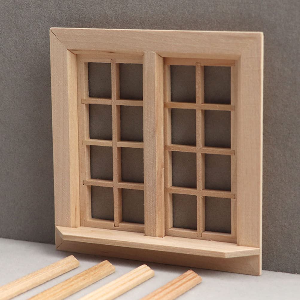 1:12 Scale Miniature Wooden Window Frame for Dollhouse - Handcrafted Mini Furniture with Wooden Doors - Perfect for Dollhouse Decor, DIY Crafts, and Model Scenes