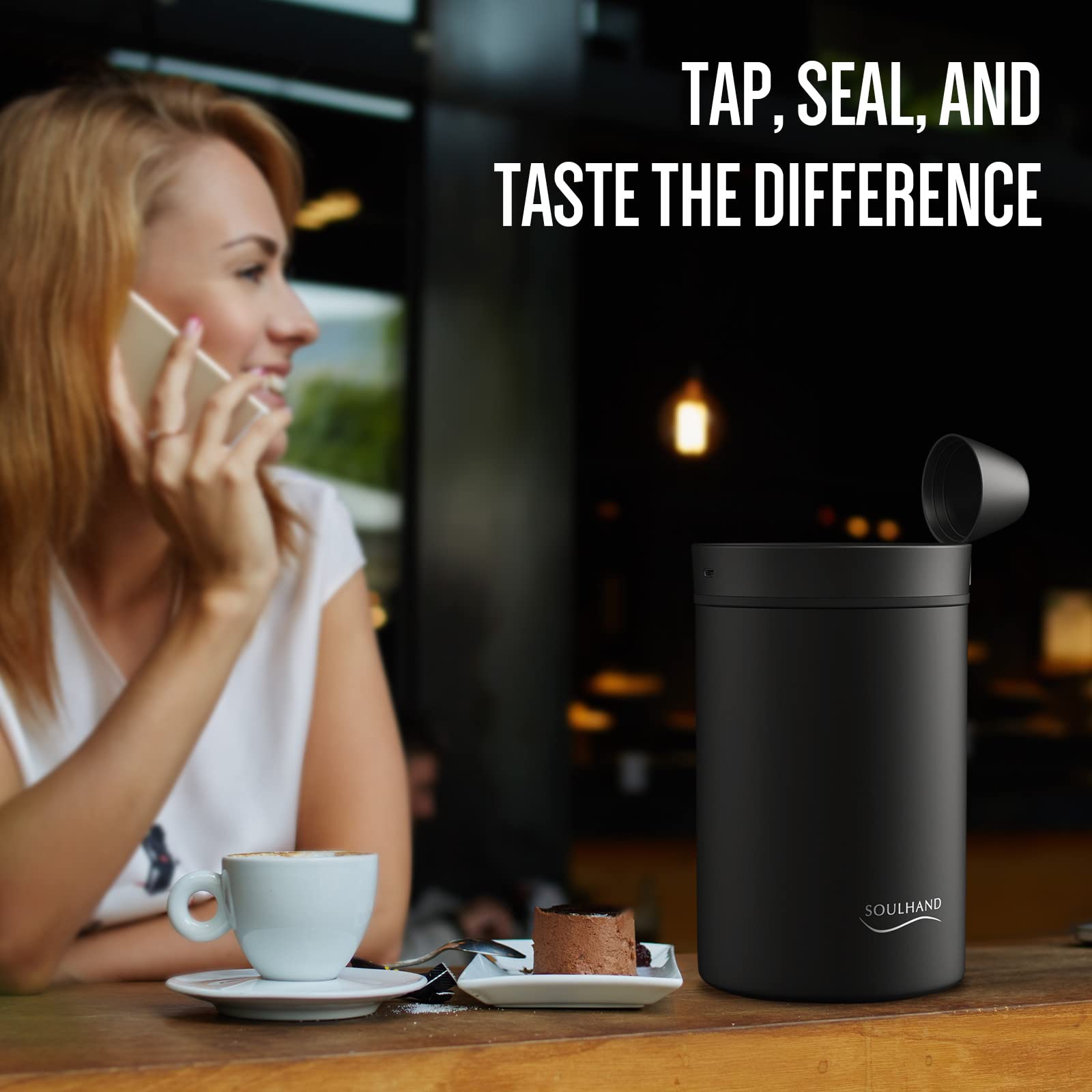 SOUL HAND 1.6L Automatic Vacuum Coffee Canister - Airtight Stainless Steel Coffee Storage Container for Beans & Grounds | Perfect for Kitchen Countertop & Coffee Station Organization