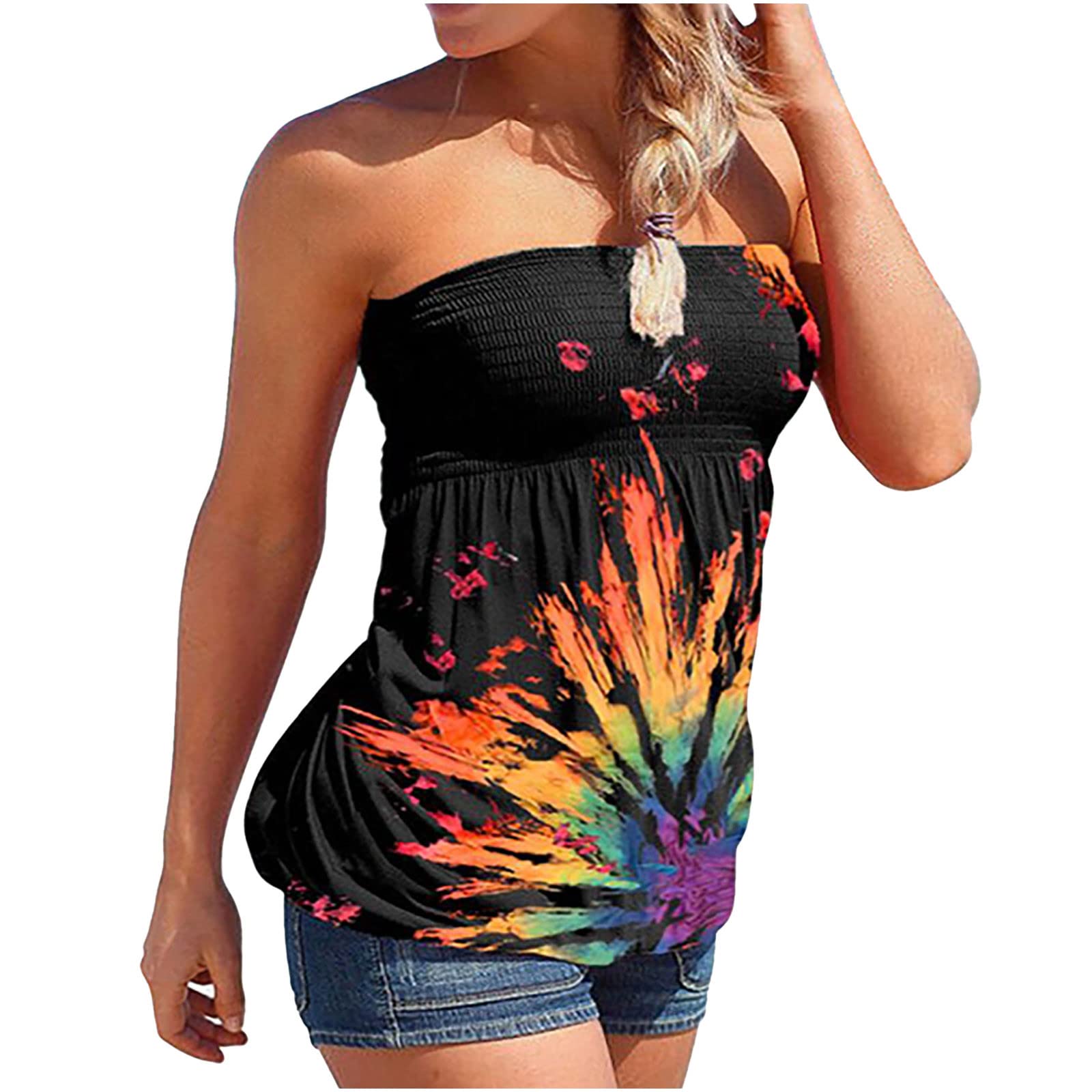 Ylioge Women's Black Dress Shirts - Summer Beach Color Block Printed Tube Tops, Off Shoulder Sexy Holiday Blouses | Perfect for Vacation, Pool Party & Night Out