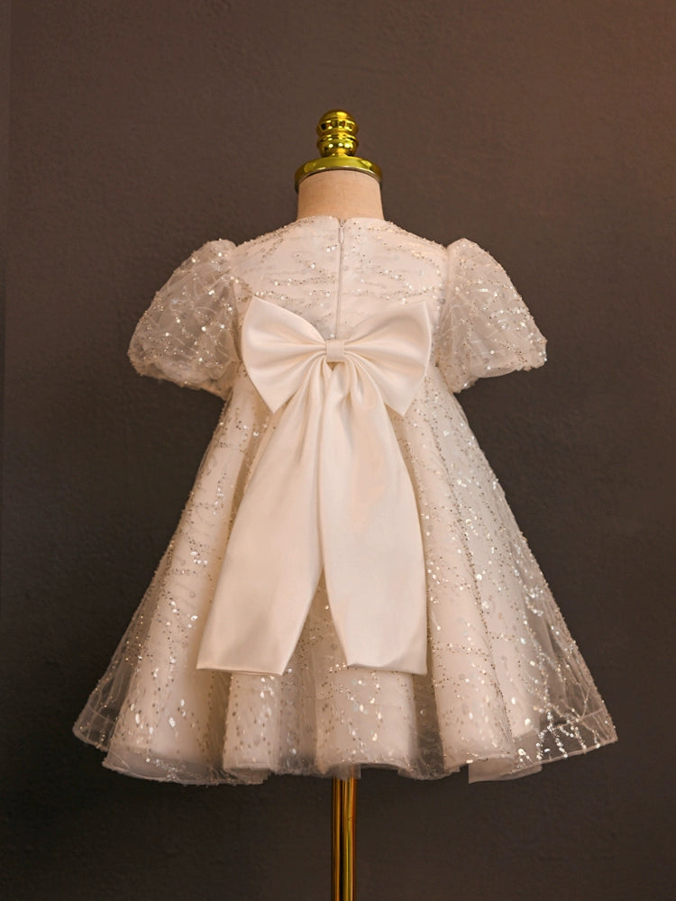 White Princess Round Tea Length Tulle Flower Girl Dress - Perfect for Weddings, Bridal Showers & Special Occasions
