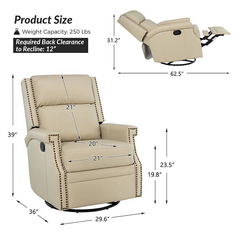 Canace Modern Genuine Leather Manual Glider Rocker Recliner Chair - Comfortable Swivel Lounge Chair for Living Room, Nursery, and Office Relaxation