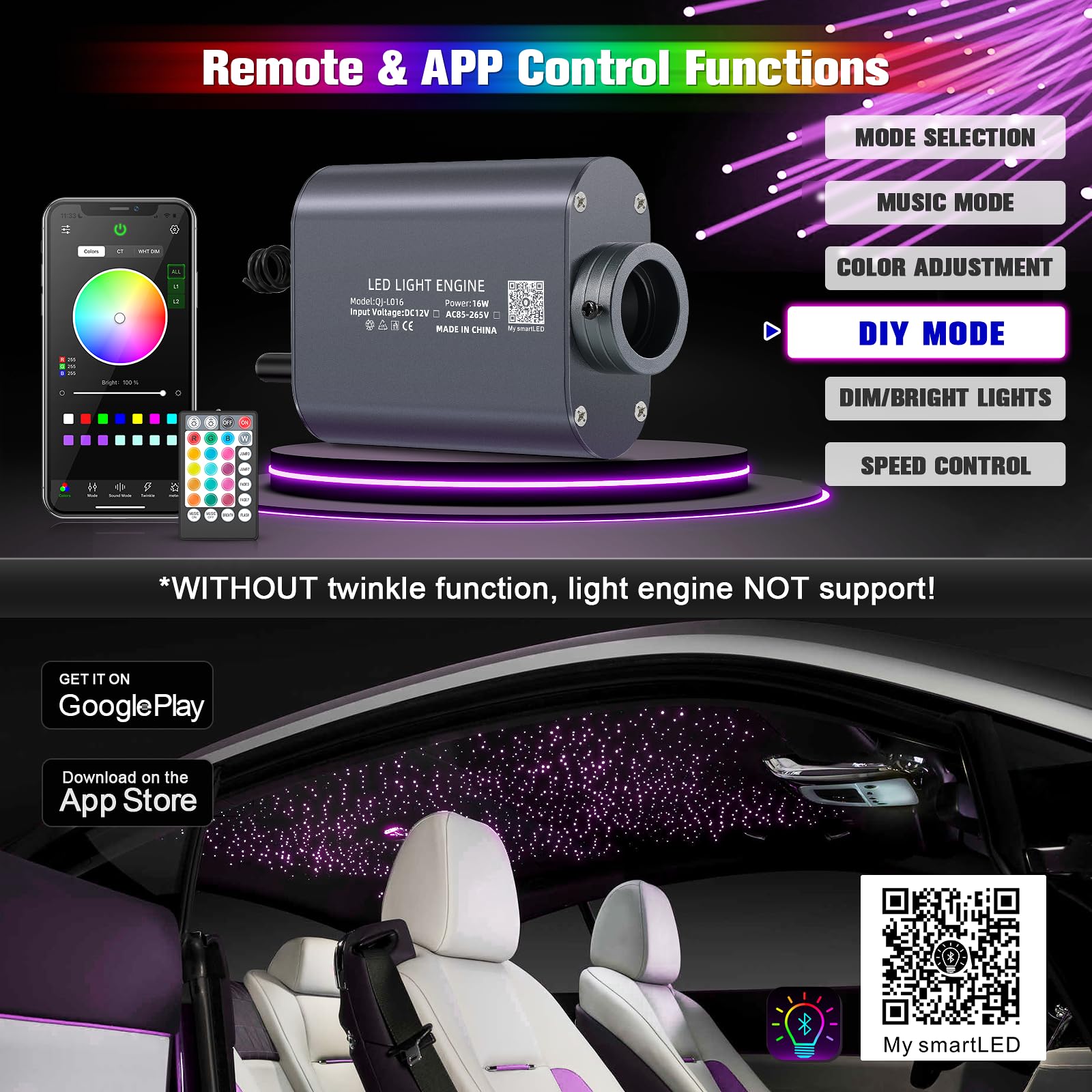 16W LED Fiber Optic Lights Kit - Bluetooth & Remote Controlled RGBW Star Ceiling Lights for Cars & Home Decor (500x0.03in Fibers, 13.1ft) - Perfect for Bedroom, Party & Romantic Ambiance