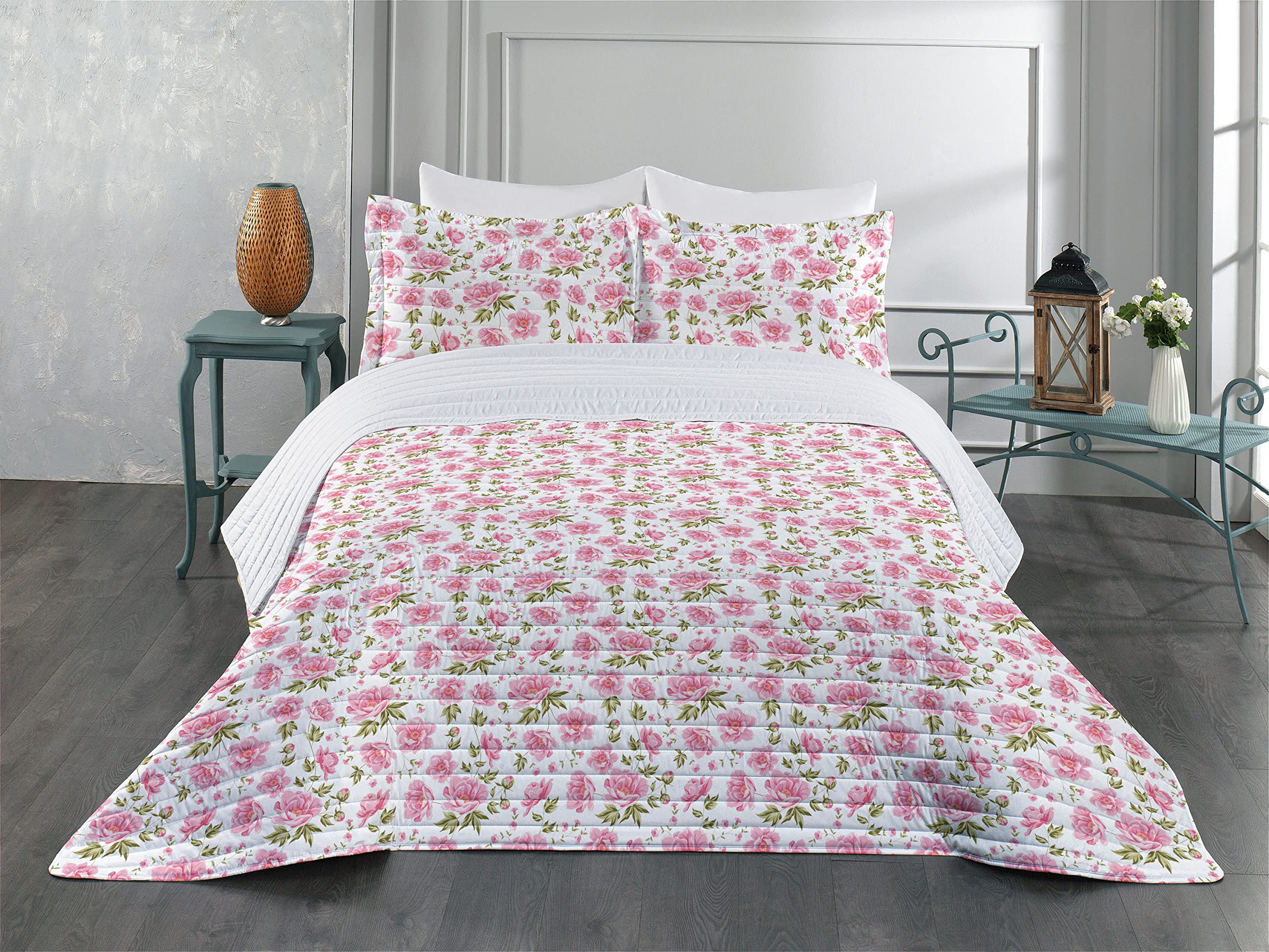 Lunarable Peonies Microfiber Bedspread Set - Queen Size Soft Bedding with Pillow Shams & Comforter in Olive Green Pink White | Shabby Chic Floral Design with Cherry Blossom Twigs | Perfect for Romantic Bedroom Decor, Summer Home Refresh & Cozy Nights