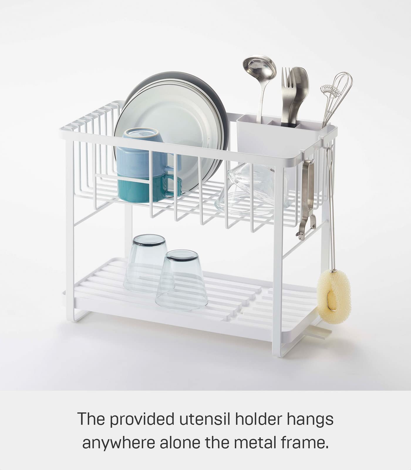 Yamazaki Home Two-Tier Adjustable Dish Drying Rack - Compact Steel Kitchen Organizer with Hooks & Utensil Holder - Water Resistant, No Assembly Required - Perfect for Small Spaces, Countertop Organization & Dish Drainage - White