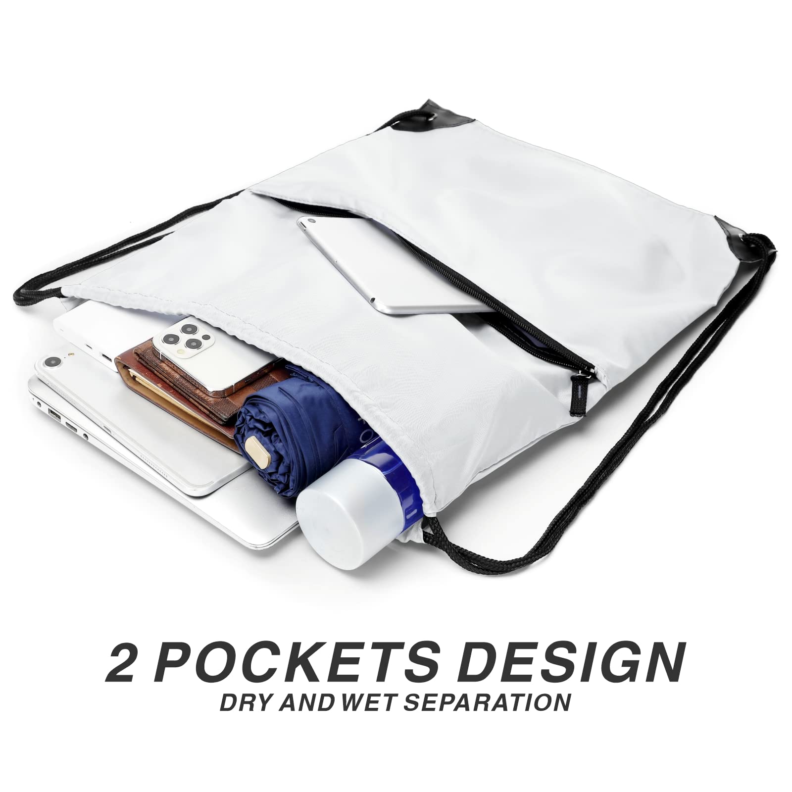 Lightweight Drawstring Backpack - 210D Nylon Foldable Gym Bag with Zipper Side Pocket for Men & Women | Perfect for Sports, Travel, School & Outdoor Activities (White)