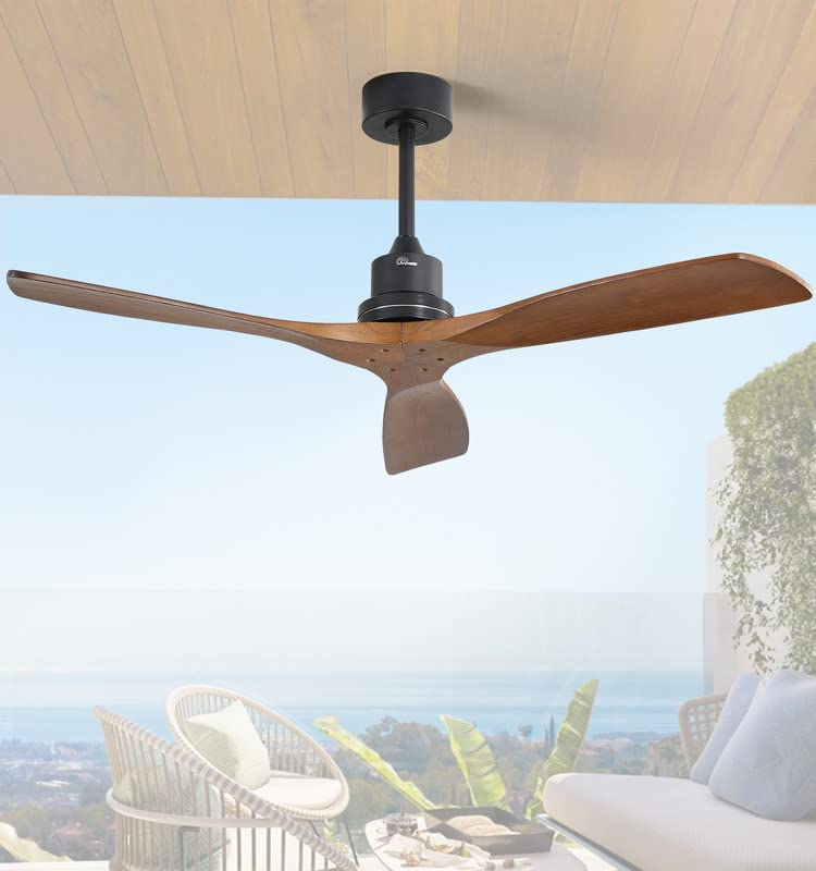 52 Inch Solid Wood Ceiling Fan with Remote - No Light Low Profile Flush Mount, 3 Blade Reversible DC Motor - Modern Indoor Outdoor Ceiling Fan for Living Room, Bedroom, Farmhouse, Patio & Covered Porch