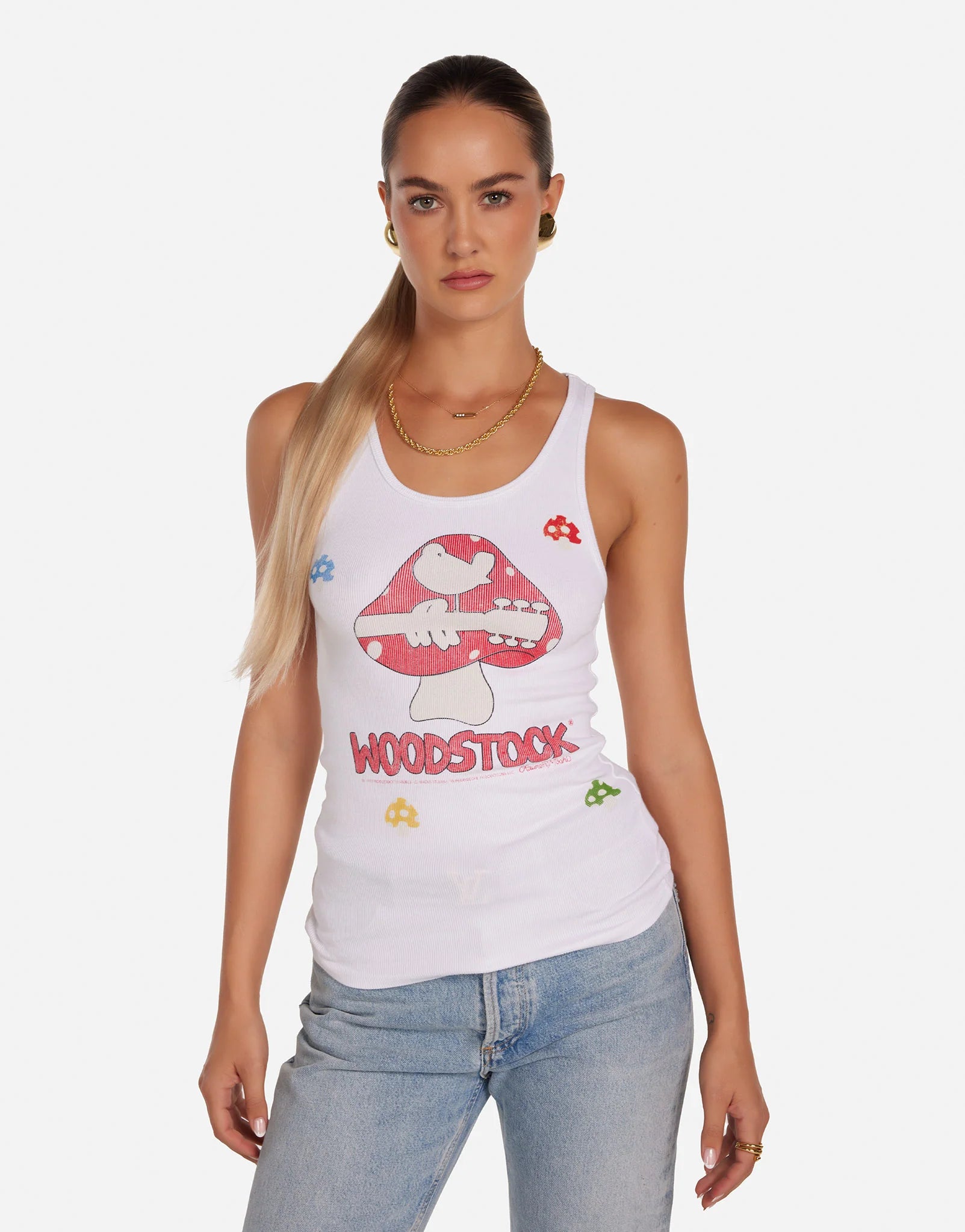 Esmeralda Woodstock Shrooms Tank Top - White | Women's Casual Boho T-Shirt for Summer, Festivals & Beach Outfits