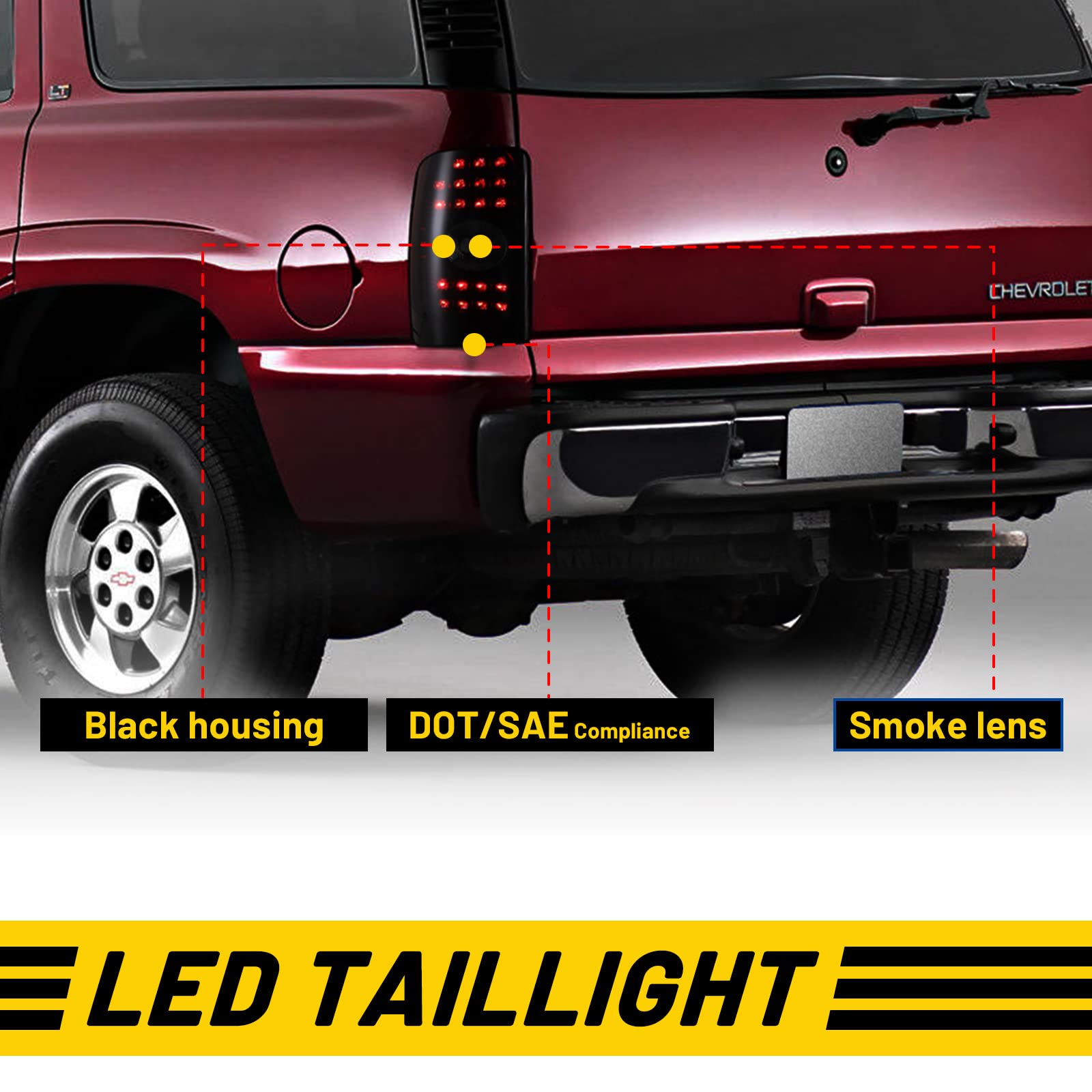 LED Tail Lights Assembly Compatible for Chevrolet Suburban Tahoe 2000-2006 & Chevy Pickup - Black Housing Smoke Lens Taillights (Driver & Passenger Side, 1 Pair) - Durable Replacement for Enhanced Night Visibility & Safety