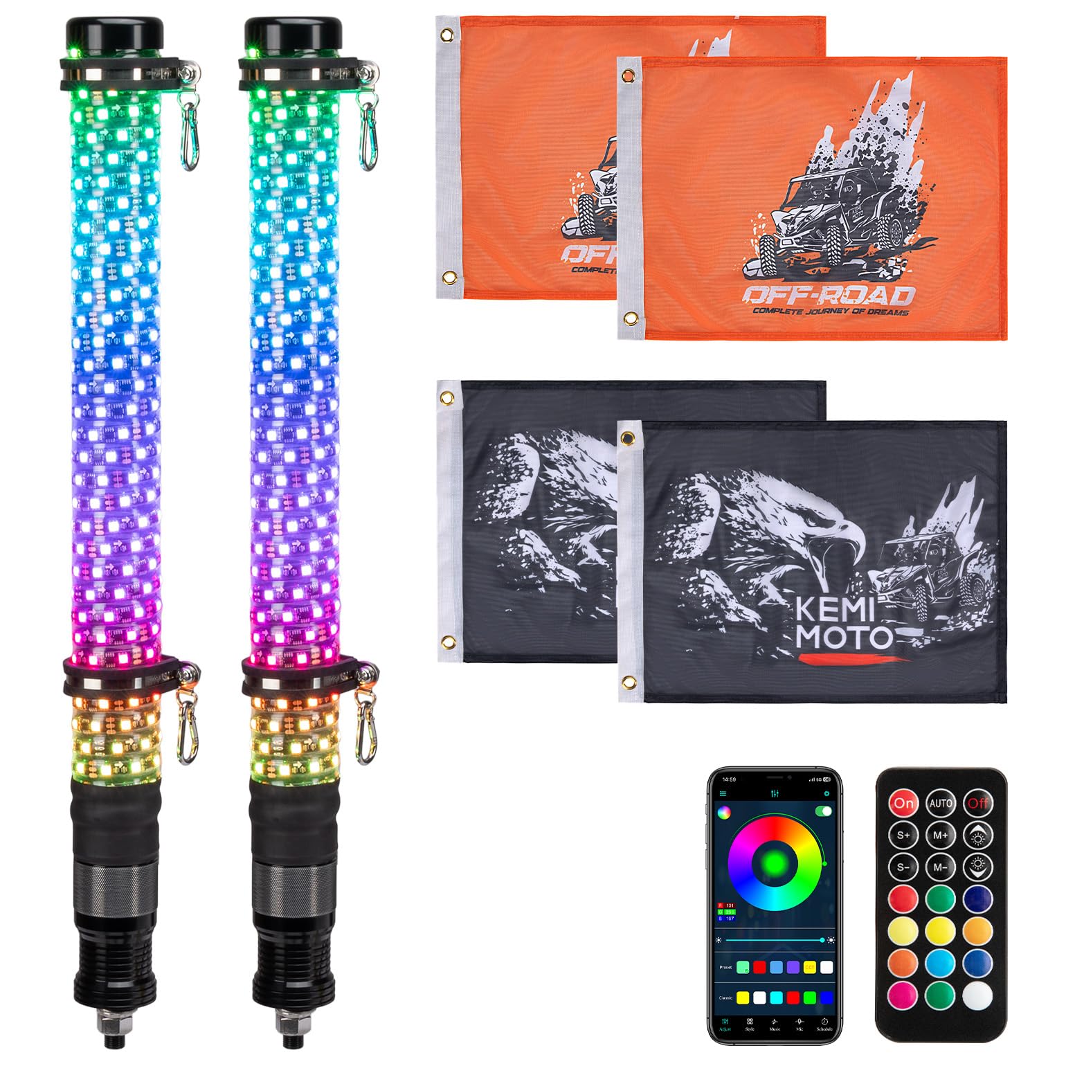 KEMIMOTO 2pc 2ft LED Whip Lights for UTV ATV - Turn Signal Function, Compatible with Polaris RZR, Can-Am Maverick X3 | Waterproof Offroad Light Bar for Side by Side, Buggy, Boat & Dune Riding