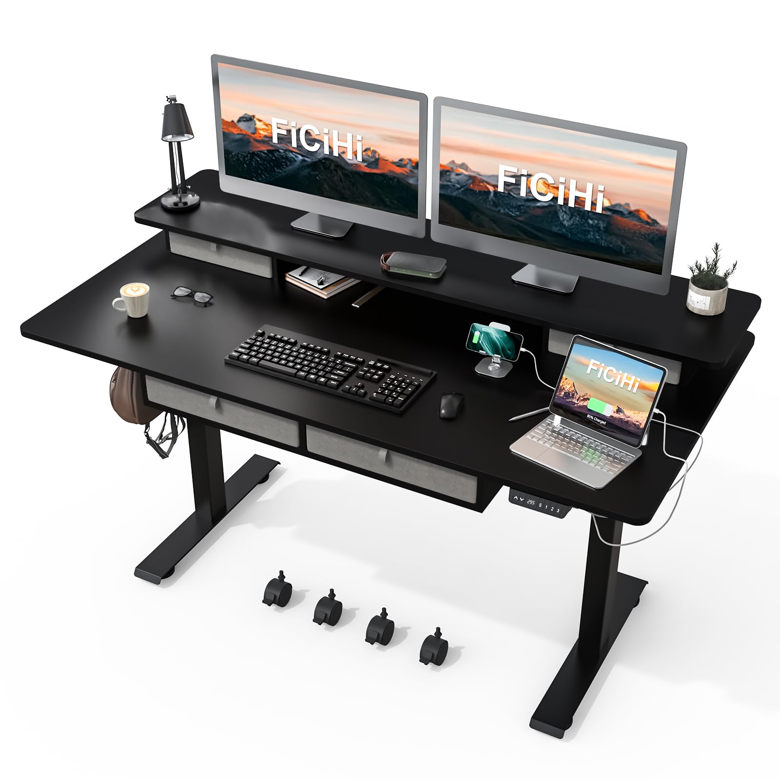 Adjustable Height Electric Standing Desk with 4 Drawers & Wheels - 63 x 30 Inches Sit Stand Desk for Home Office, 3 Memory Presets, Monitor Stand Riser & USB A/C Charging Port - Perfect for Remote Work, Gaming & Ergonomic Workspace Setup