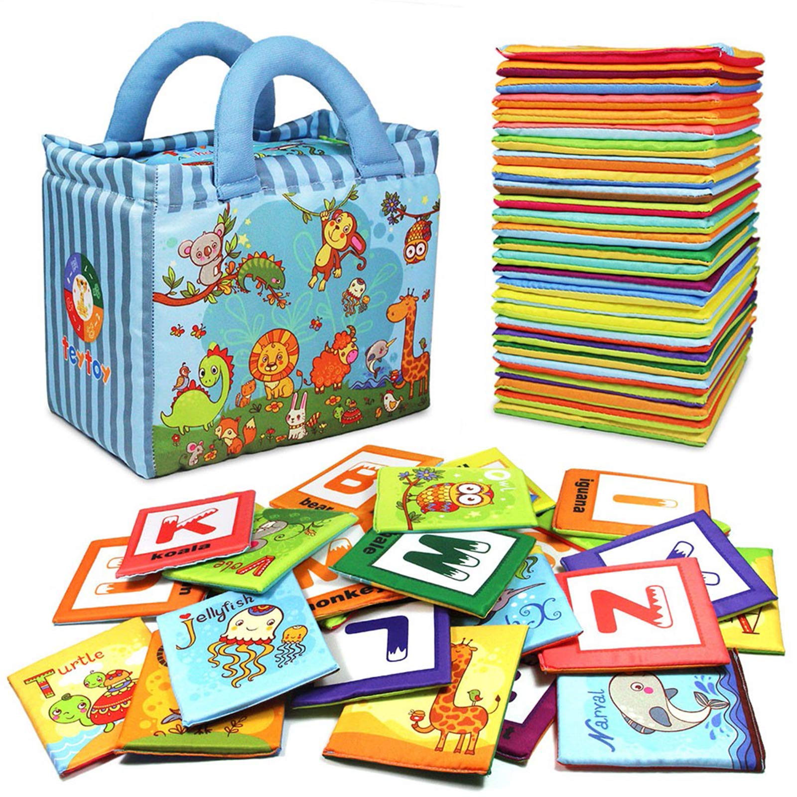 TEYTOY 26Pcs ABC Alphabet Flash Cards - Soft Washable Cloth Books for Toddlers, Early Learning Educational Toys for Boys & Girls 0+ Years | Zoo Animal Theme, Includes Storage Bag | Perfect for Preschool Learning, Travel & Playtime