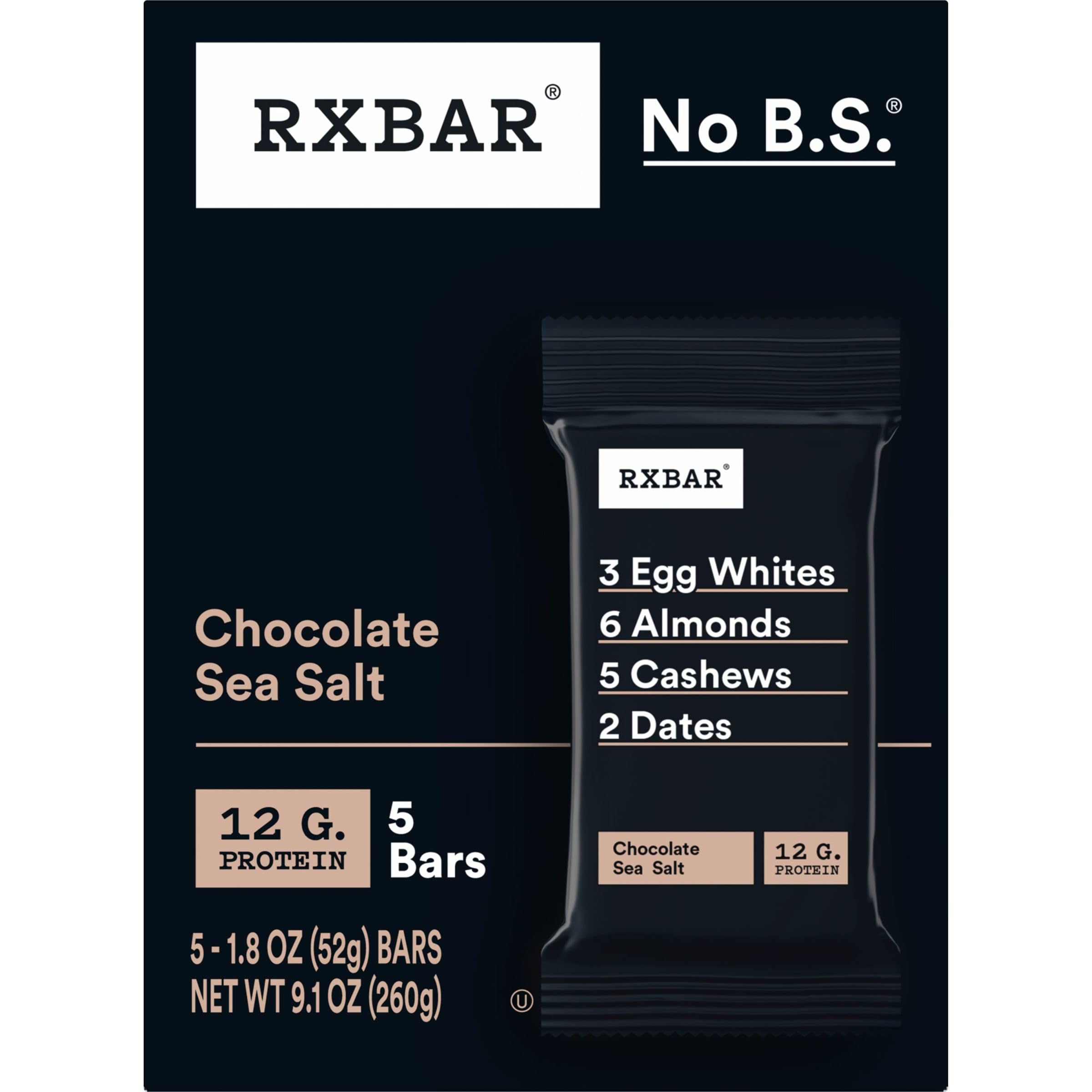 RXBAR Protein Bars - Chocolate Sea Salt Flavor, 9.1oz (5 Bars) | High Protein Snack for Workout Recovery, Healthy On-the-Go Breakfast & Post-Gym Energy Boost