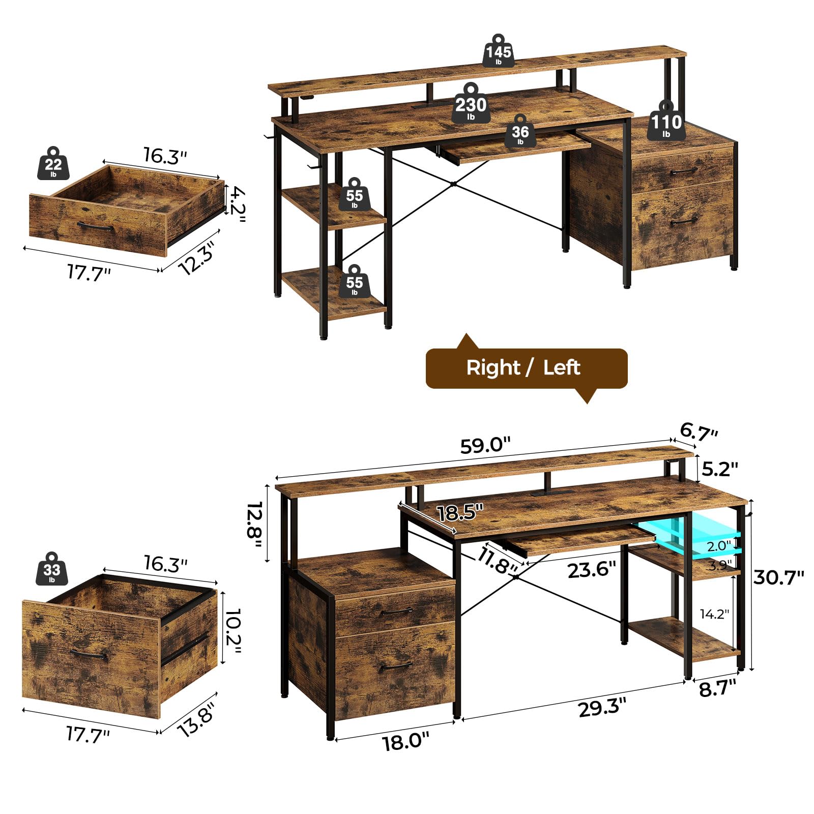 Rolanstar 59-inch Rustic Brown Computer Desk with LED Light, Power Outlets & File Drawer - Home Office Gaming Desk with Monitor Stand, Keyboard Tray & Storage Shelves - Perfect for Small Spaces, Work from Home & PC Gaming Setup