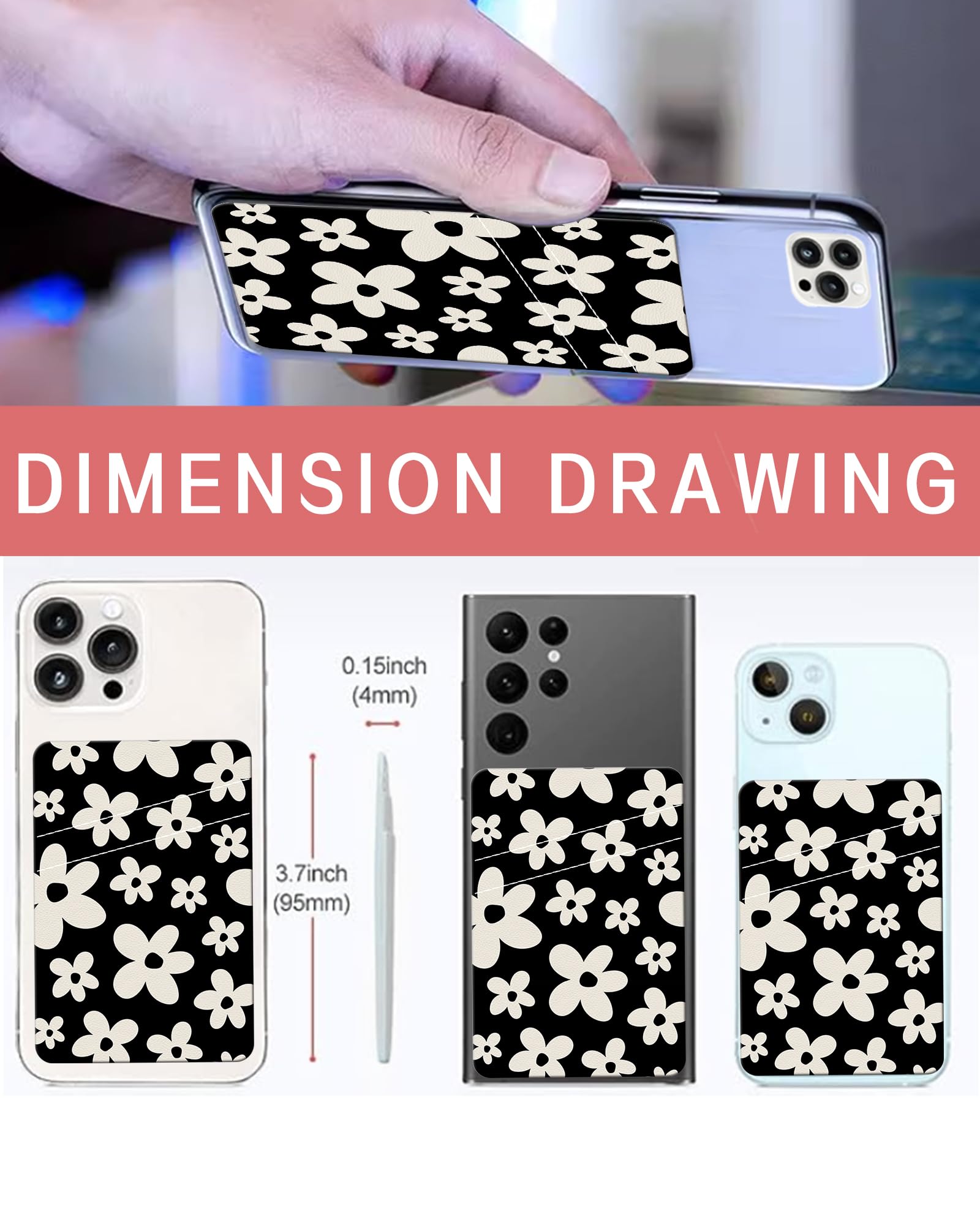 Leather Phone Card Holder with Adhesive - Dual Pocket Wallet for Credit Cards & Cash, Cute Black White Floral Design, Compatible with Most Smartphones - Perfect for Travel, Shopping & Daily Use