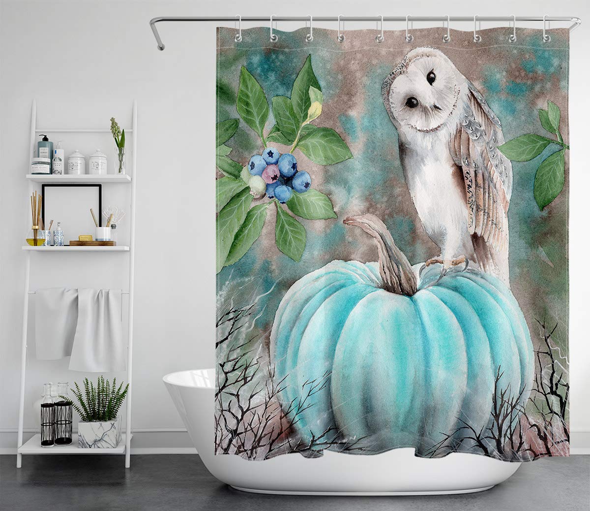 ECOTOB Thanksgiving & Halloween Shower Curtain - Watercolor Pumpkins, Animals, Green Leaves & Blueberries Design - Waterproof Polyester Fabric with Hooks (60x72 Inches) - Perfect for Fall Bathroom Decor & Holiday Themed Showers