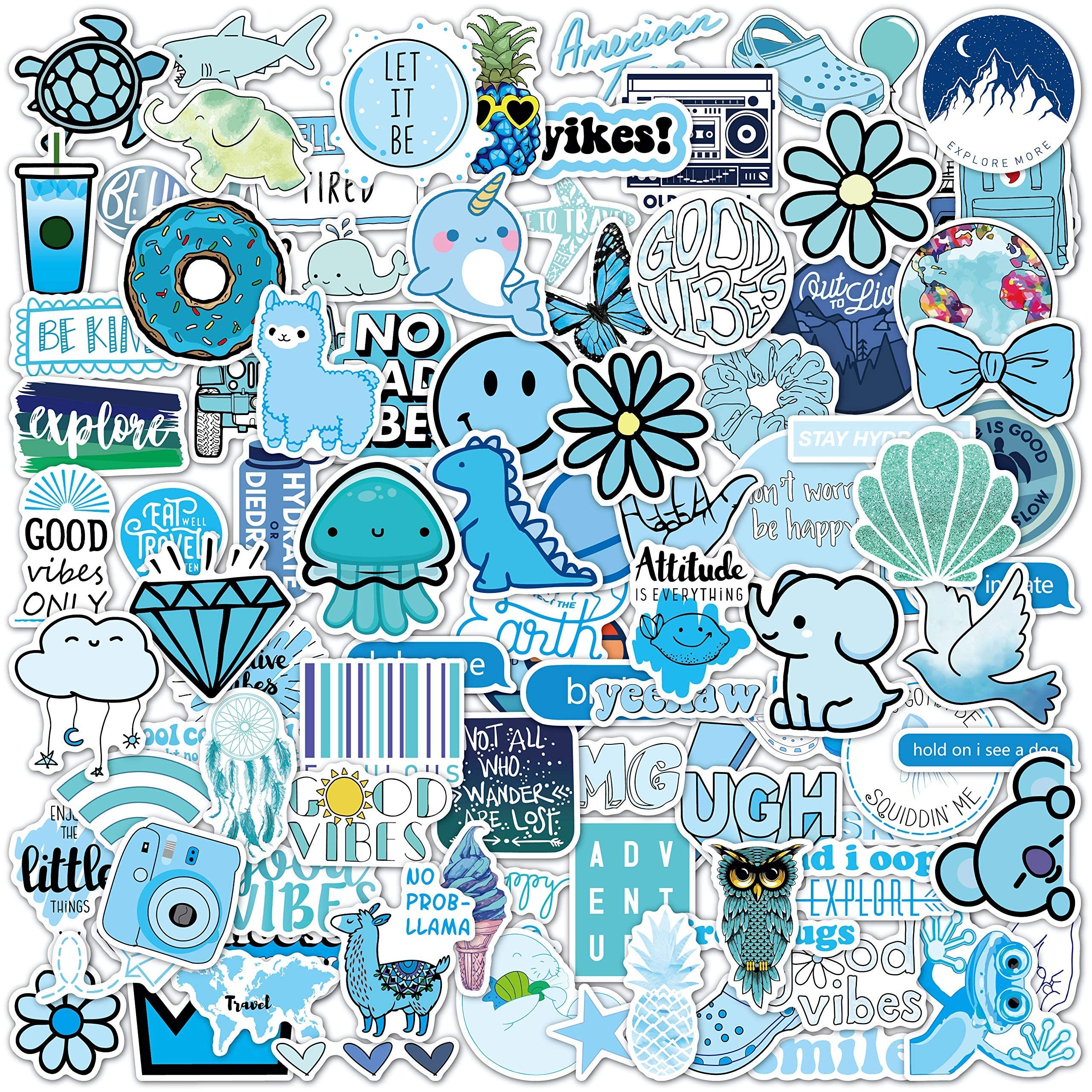 EL Nido 100-Piece Blue Vinyl Sticker Pack - Waterproof, Cute Aesthetic Stickers for Boys & Girls - Perfect for Water Bottles, Laptops, Cellphones, Journals & DIY Crafts (100 Pack, Blue)
