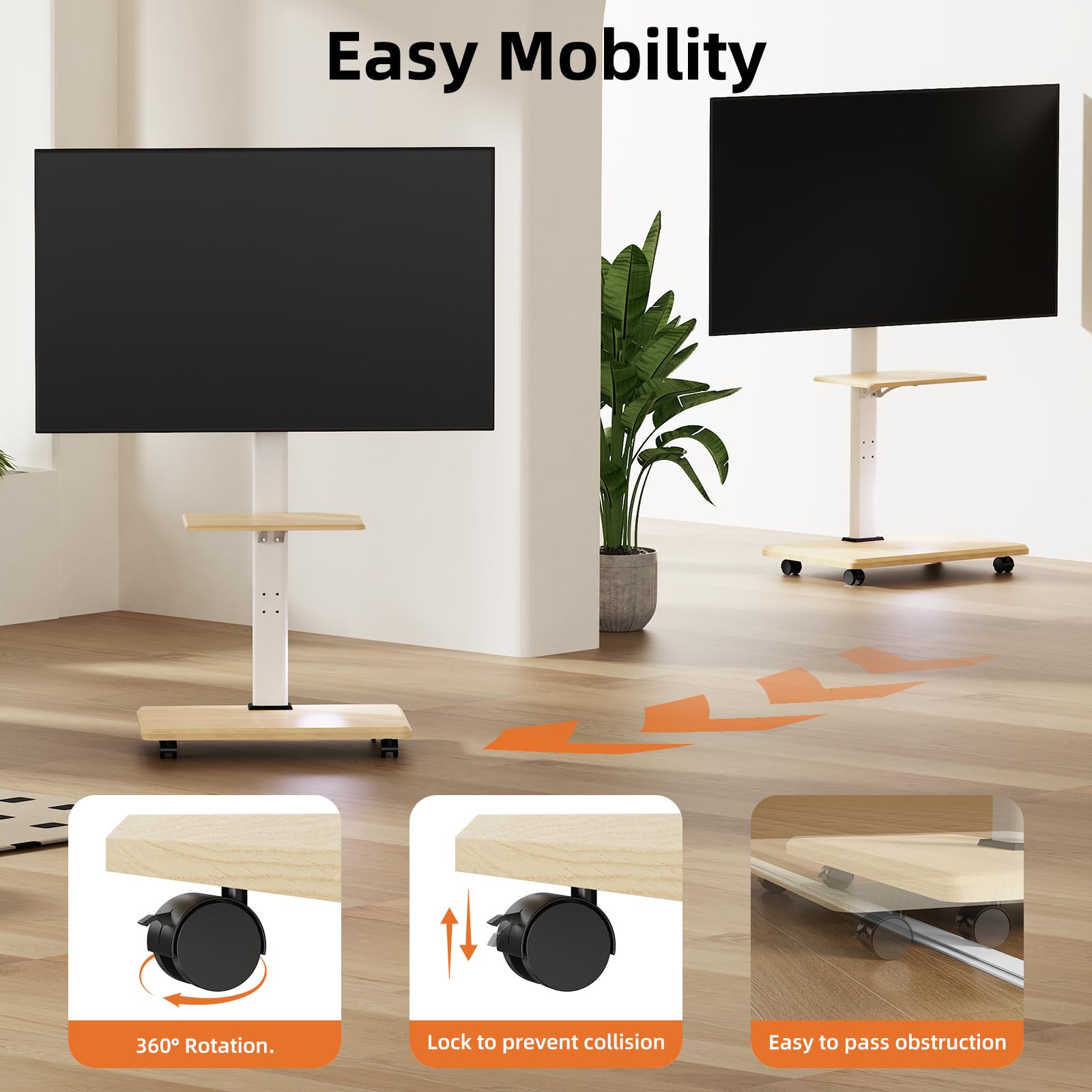 Mobile TV Stand with Wheels for 32-75 Inch Flat Screen TVs - Adjustable Height Swivel Rolling Cart with Wood Shelf | Perfect for Bedroom, Living Room & Home Office Entertainment Setup