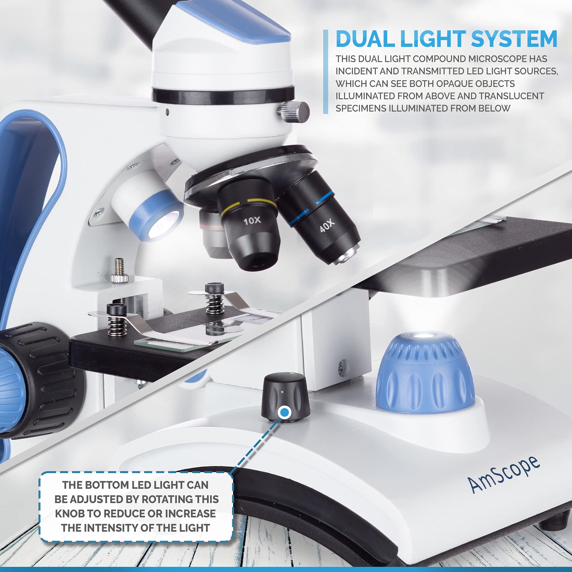 AmScope M162C-2L-PB10-WM 40X-1000X Dual LED Illumination Student Microscope Kit with Slides & Guide Book - Perfect for Kids Science Experiments, Biology Lab & Homeschool Learning - All Metal Construction in Blue