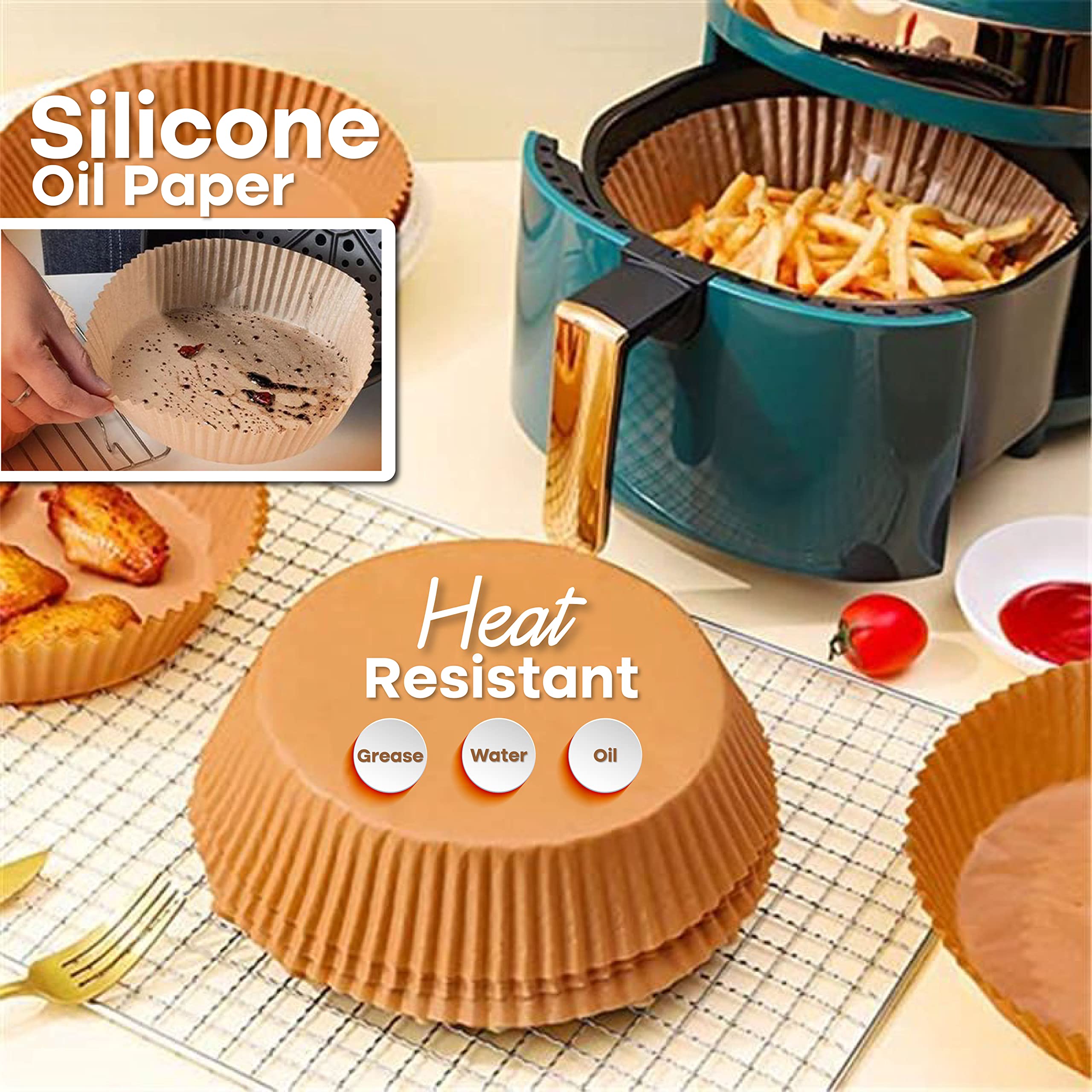 Xabono 100Pcs Air Fryer Liners - 6.3 Inch Disposable Non-Stick Parchment Paper, Oil & Waterproof Baking Sheets for Air Fryers, Ovens, Roasting - Perfect for Chicken Wings, French Fries & Vegetables