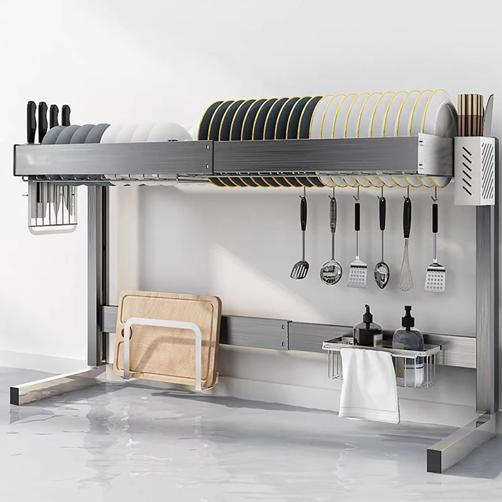 Stainless Steel Sink Rack - Expandable Dish Drying Rack with Retractable Drain Basket for Kitchen Countertop | Space-Saving Silver Utensil Organizer for Dining Room & Small Apartments