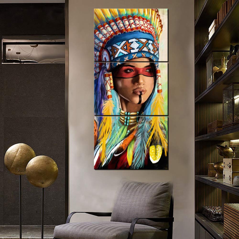 Native American Girl Canvas Wall Art - 3-Piece Framed Painting for Living Room Decor