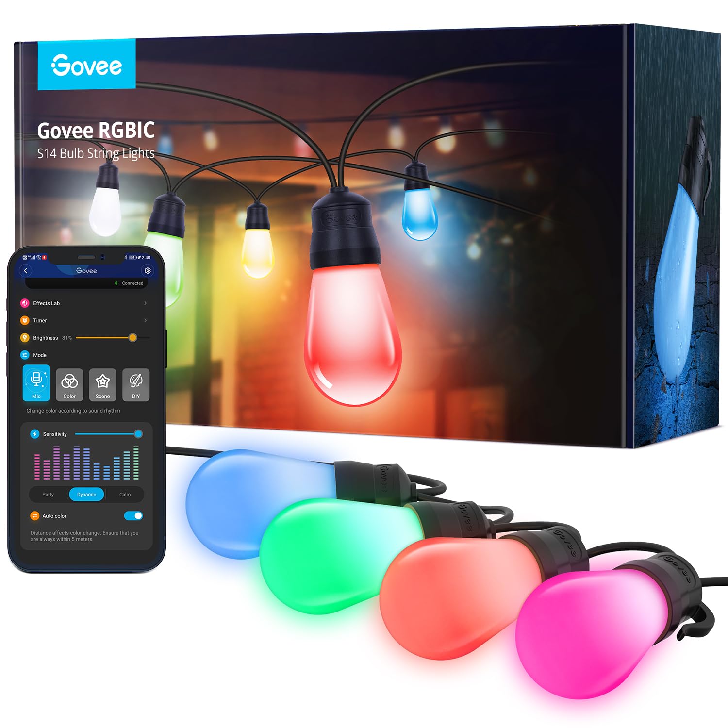 Govee H7016 96ft Smart RGBIC Outdoor String Lights - 30 Dimmable LED Bulbs, IP65 Waterproof, Color Changing & Warm White, 47 Scene Modes, App Controlled for Patio, Backyard, Garden, Party & Holiday Decorations