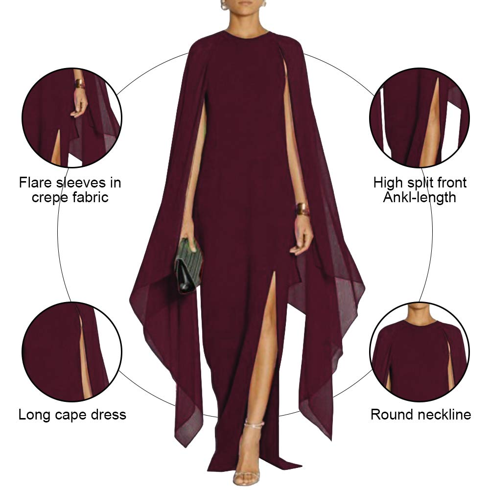 MAYFASEY Women's Elegant High Split Flare Sleeve Formal Evening Gowns Maxi Dress with Cape - Perfect for Prom, Gala, Wedding & Black Tie Events
