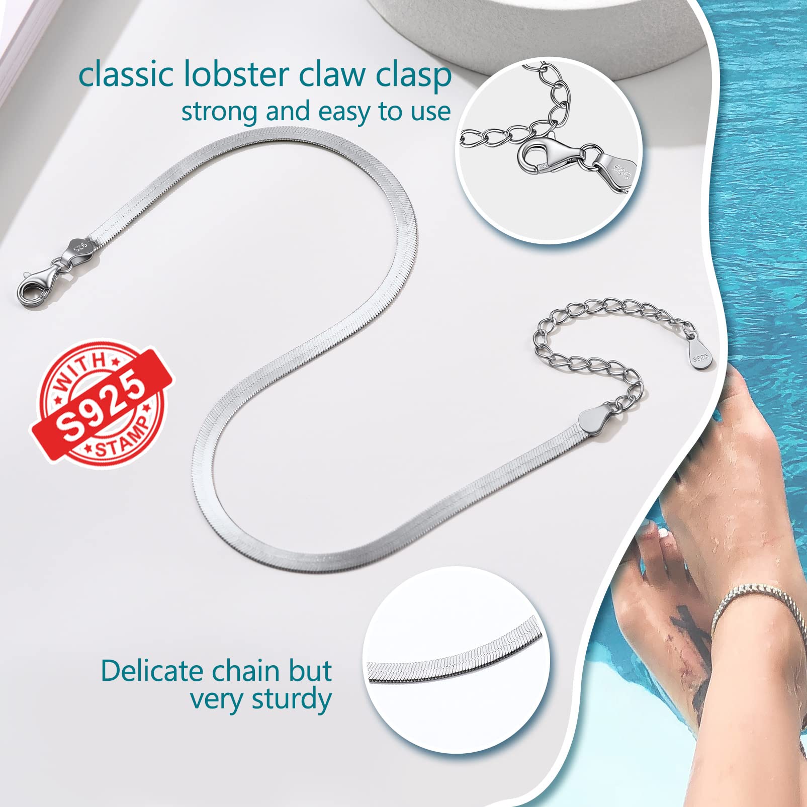 Sterling Silver Ankle Bracelets for Women - Adjustable 8.6-10.6
