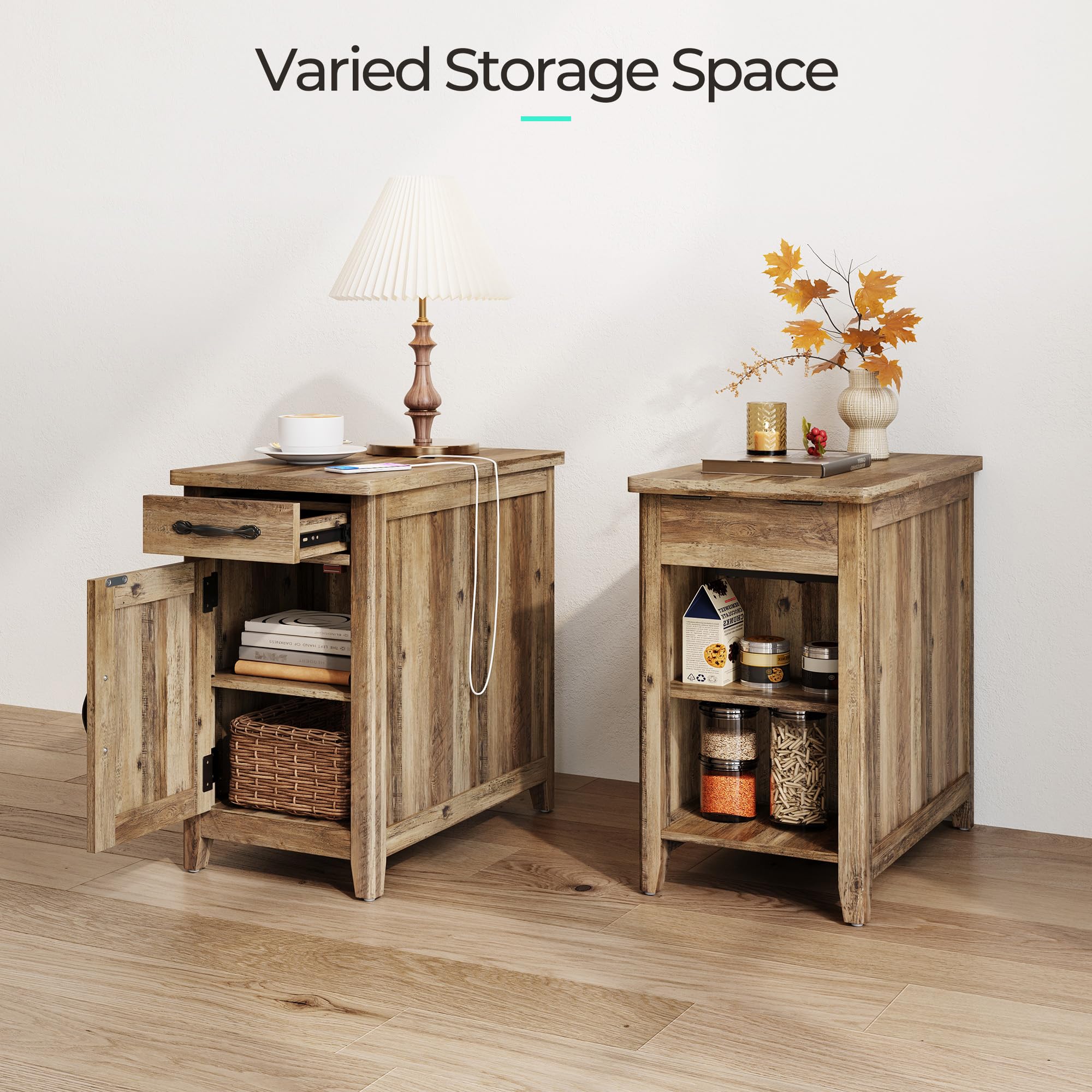Farmhouse End Table with USB Charging Station - Narrow Side Table with Drawer & Storage Cabinet for Living Room, Bedroom, Home Office - Rustic Nightstand for Sofa, Couch or Office Desk - Perfect for Small Spaces & Device Charging