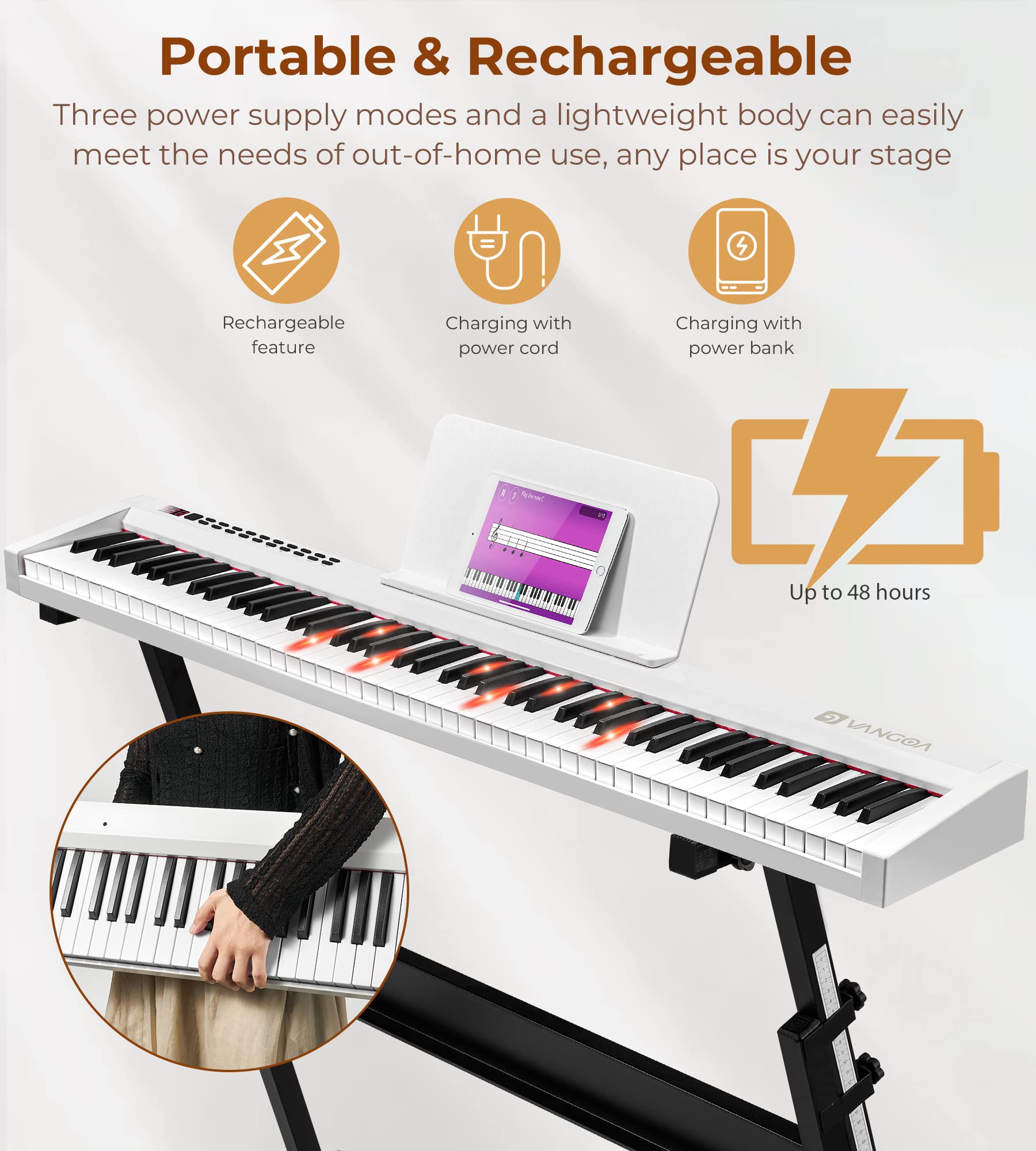Vangoa 88-Key Digital Piano Keyboard for Beginners - Electric Piano with Touch Sensitive Keys, Sustain Pedal, Power Adapter & Carrying Bag - Includes APP Learning System - Perfect for Home Practice, Music Lessons & Studio Recording (White)